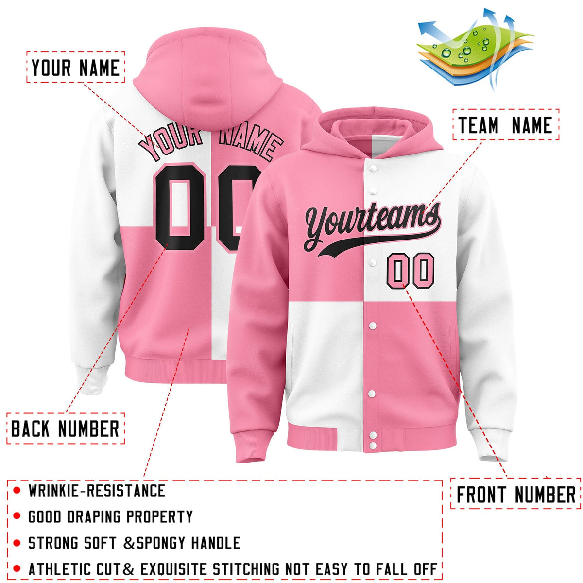 Custom Light Pink White Varsity Full-Snap Four Squares Color Block Letterman Jacket Hoodie| KXKSHOP