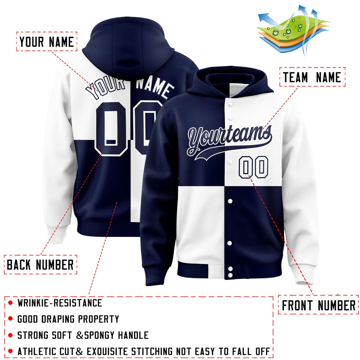 Custom Navy White Varsity Full-Snap Four Squares Color Block Letterman Jacket Hoodie| KXKSHOP