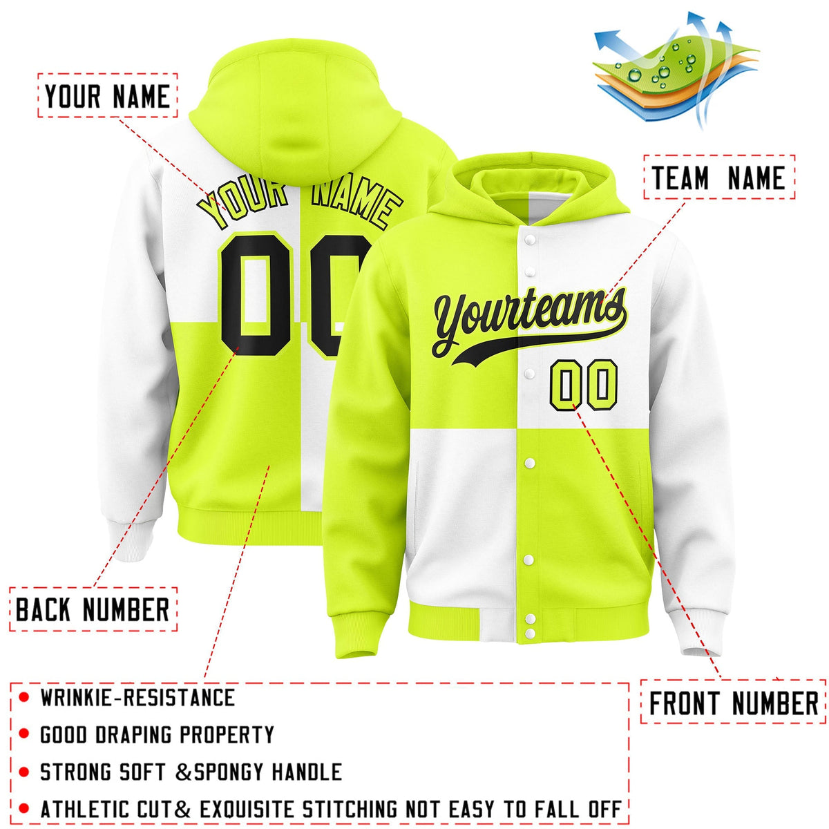 Custom Green White Varsity Full-Snap Four Squares Color Block Letterman Jacket Hoodie| KXKSHOP
