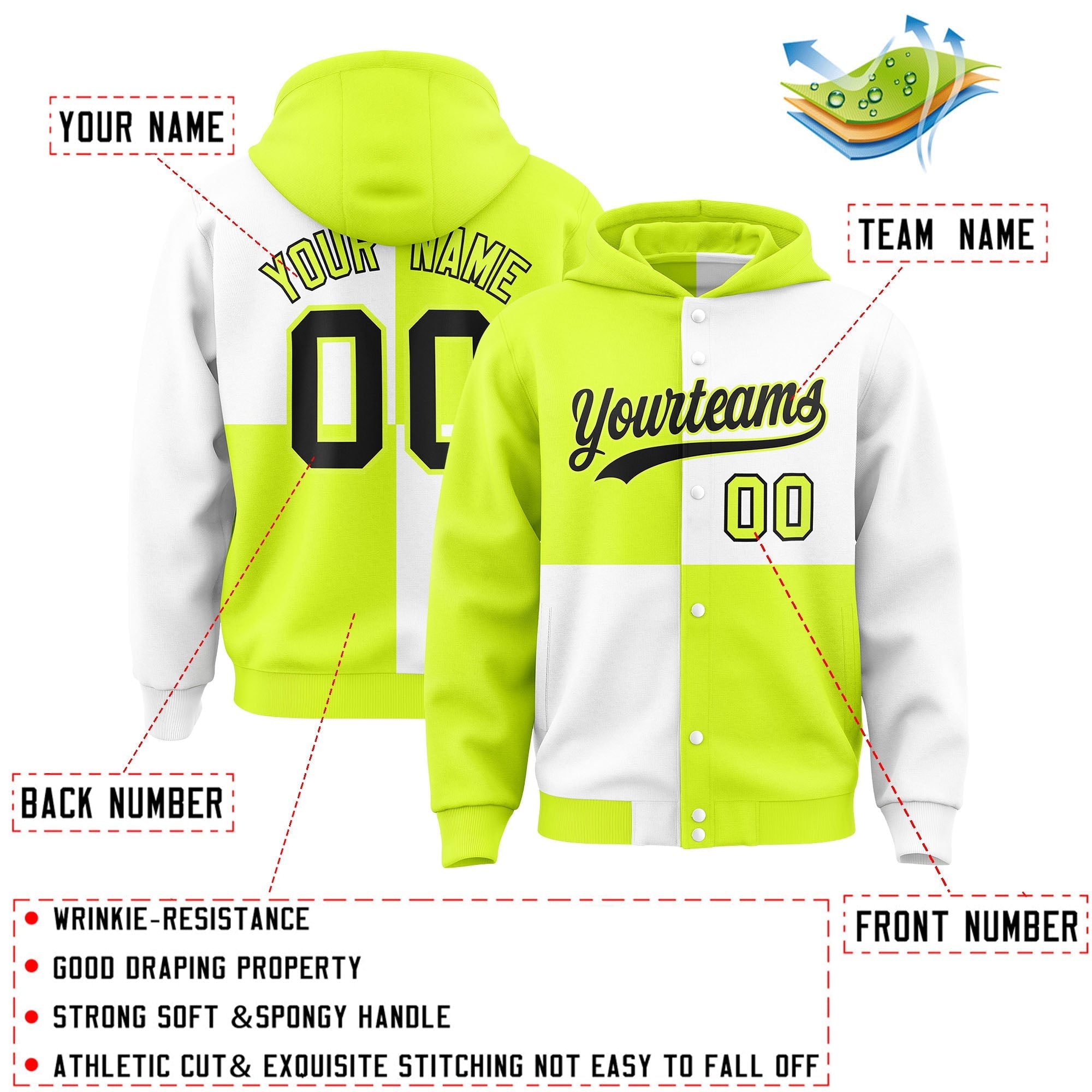 Custom Green White Varsity Full-Snap Four Squares Color Block Letterman Jacket Hoodie| KXKSHOP