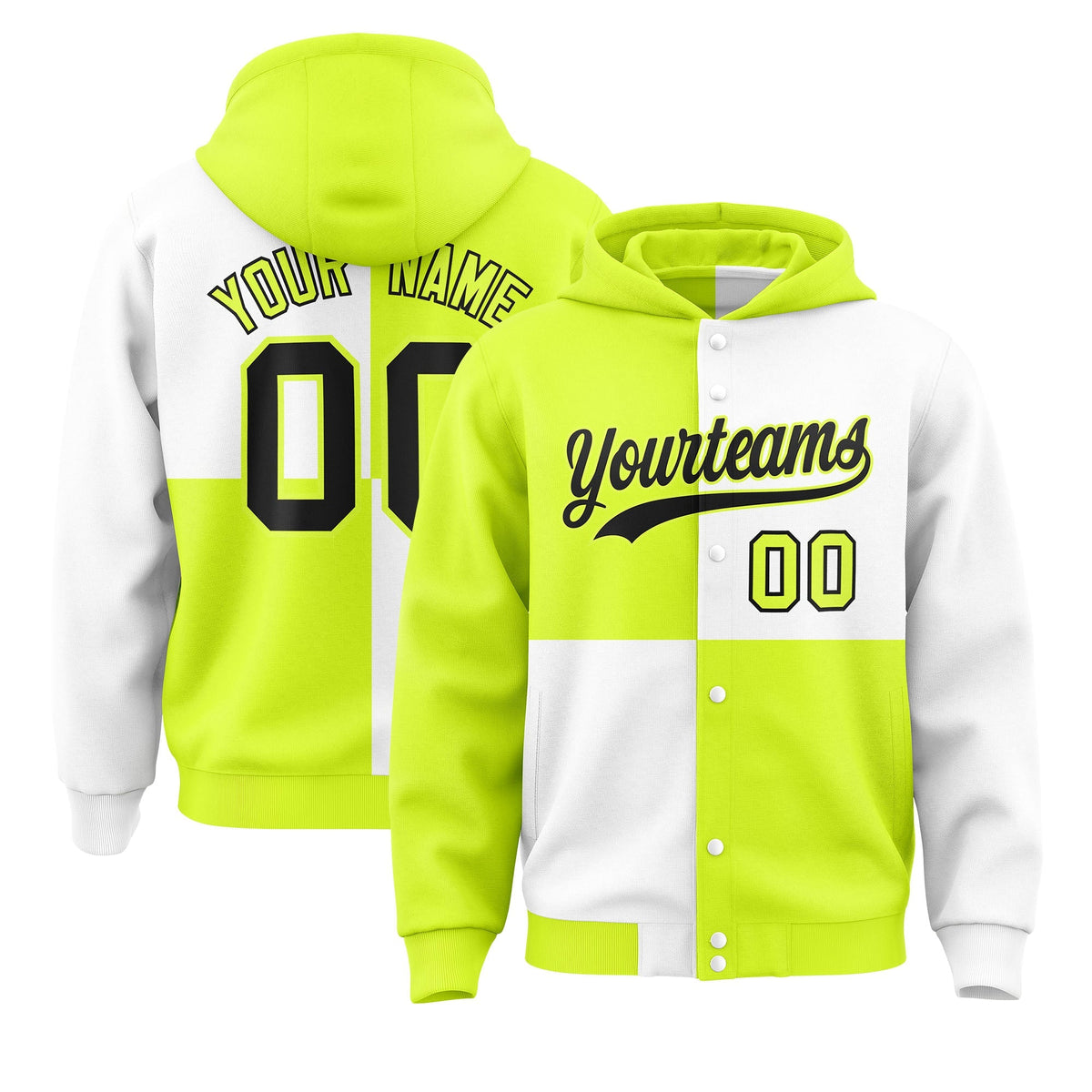 Custom Green White Varsity Full-Snap Four Squares Color Block Letterman Jacket Hoodie| KXKSHOP
