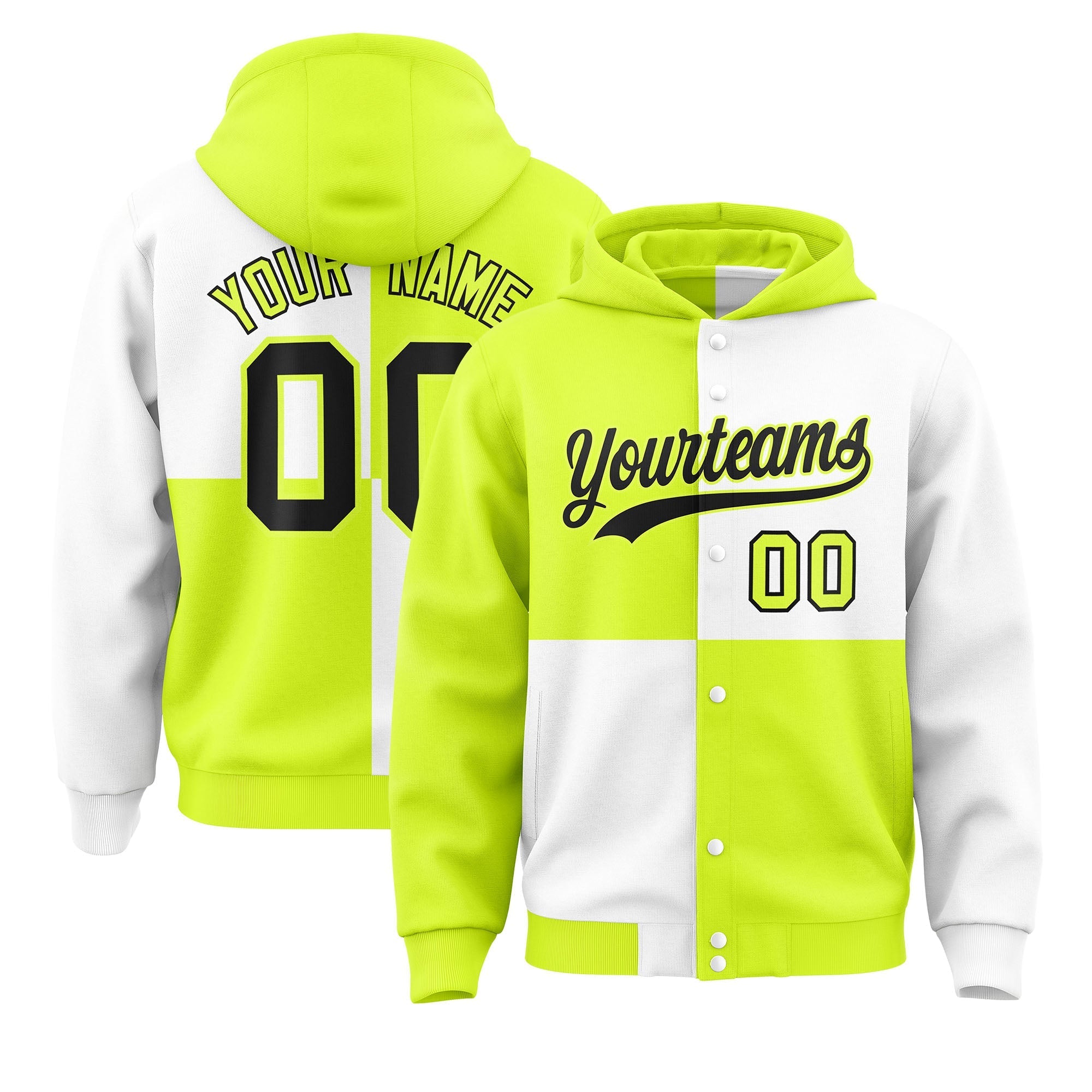 Custom Green White Varsity Full-Snap Four Squares Color Block Letterman Jacket Hoodie| KXKSHOP