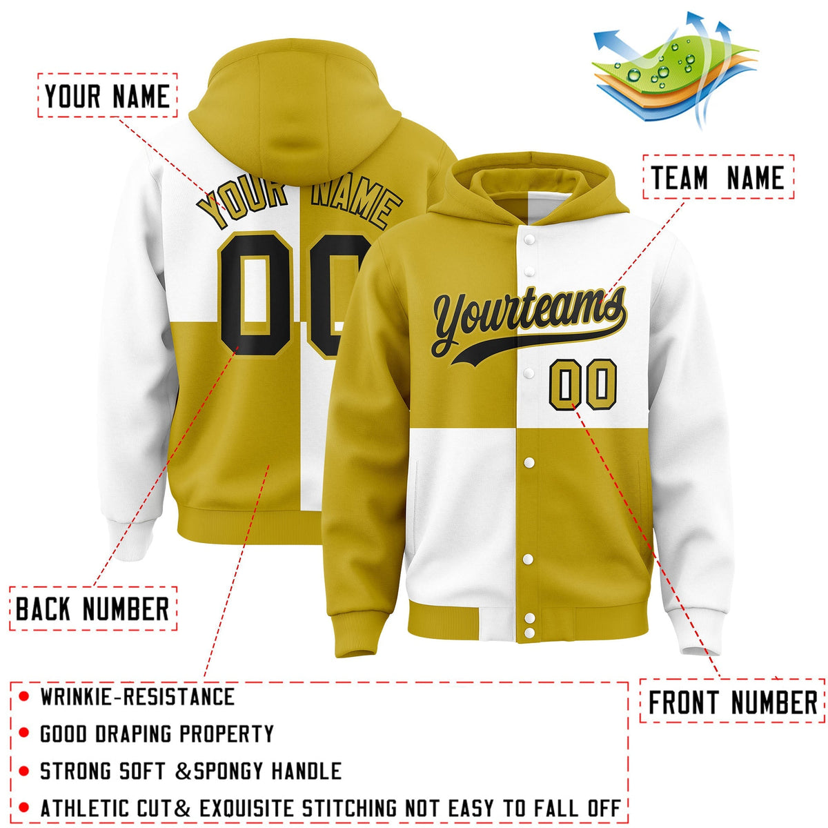 Custom Old Gold White Varsity Full-Snap Four Squares Color Block Letterman Jacket Hoodie| KXKSHOP
