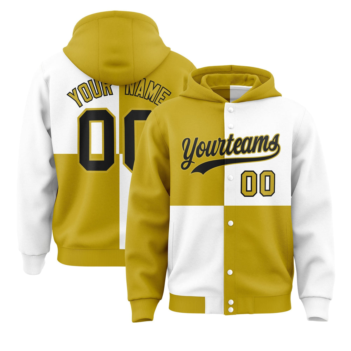 Custom Old Gold White Varsity Full-Snap Four Squares Color Block Letterman Jacket Hoodie| KXKSHOP