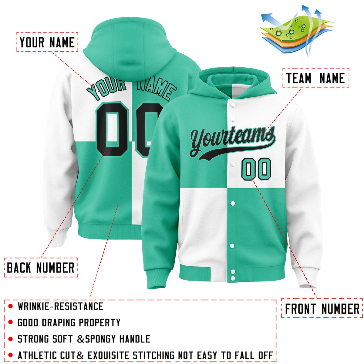 Custom Bright Green White Varsity Full-Snap Four Squares Color Block Letterman Jacket Hoodie| KXKSHOP