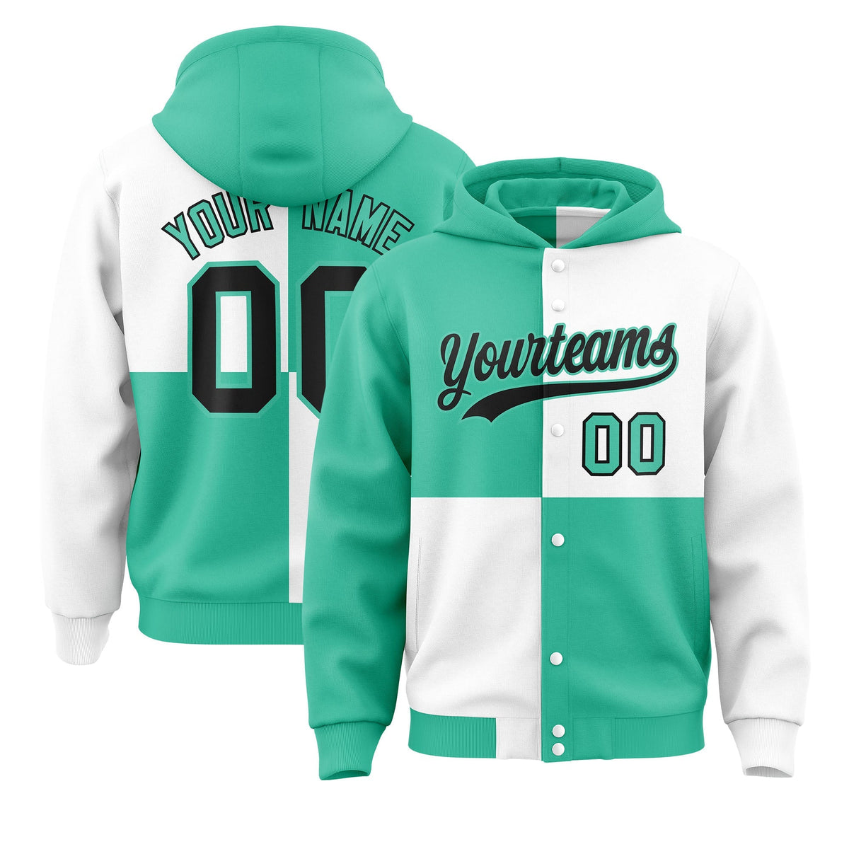 Custom Bright Green White Varsity Full-Snap Four Squares Color Block Letterman Jacket Hoodie| KXKSHOP