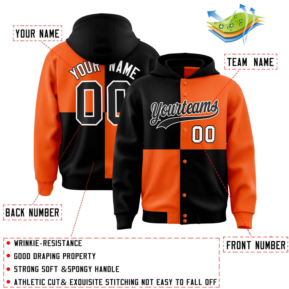 Custom Black Orange Varsity Full-Snap Four Squares Color Block Letterman Jacket Hoodie| KXKSHOP