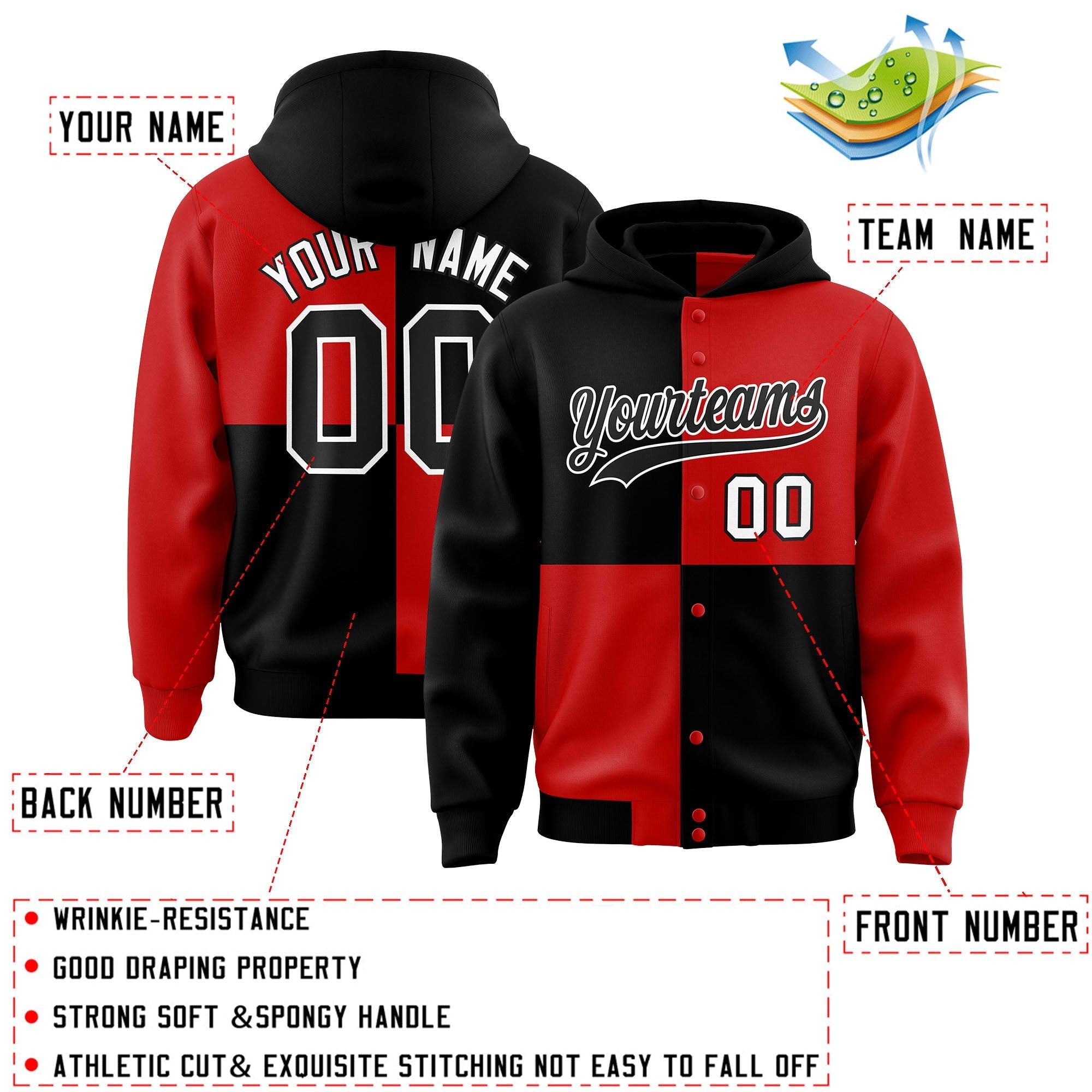 Custom Black Red Varsity Full-Snap Four Squares Color Block Letterman Jacket Hoodie| KXKSHOP