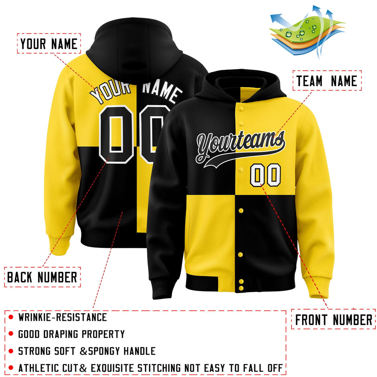 Custom Black Gold Varsity Full-Snap Four Squares Color Block Letterman Jacket Hoodie| KXKSHOP