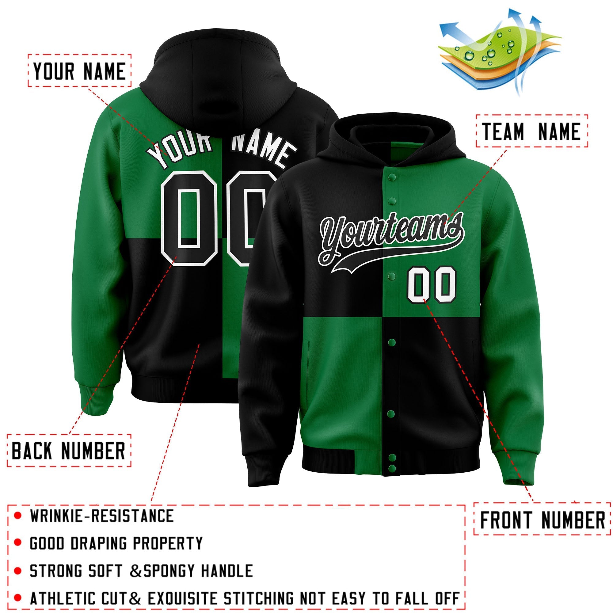 Custom Black Kelly Green Varsity Full-Snap Four Squares Color Block Letterman Jacket Hoodie| KXKSHOP