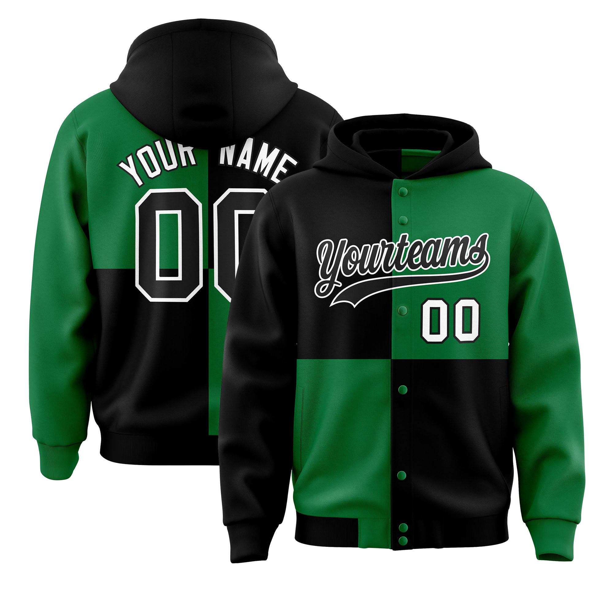 Custom Black Kelly Green Varsity Full-Snap Four Squares Color Block Letterman Jacket Hoodie| KXKSHOP