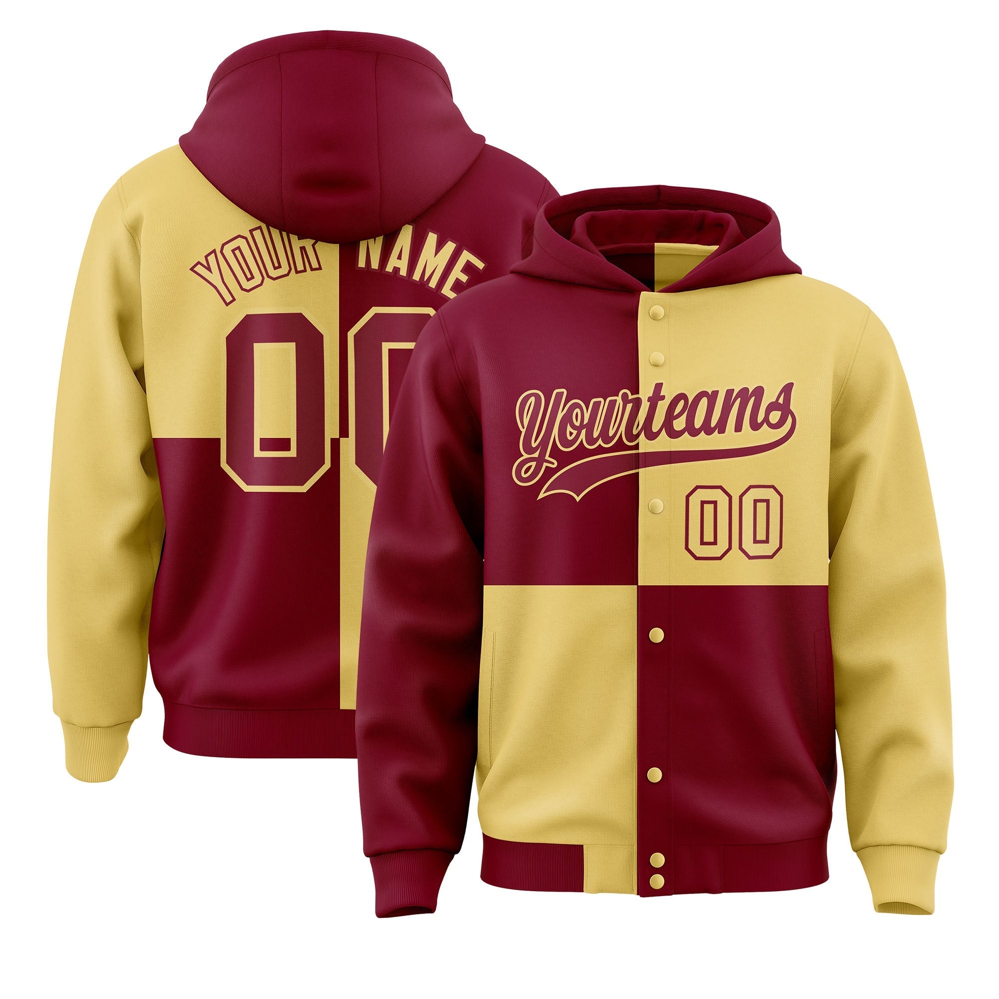 Custom Crimson Khaki Varsity Full-Snap Four Squares Color Block Letterman Jacket Hoodie| KXKSHOP