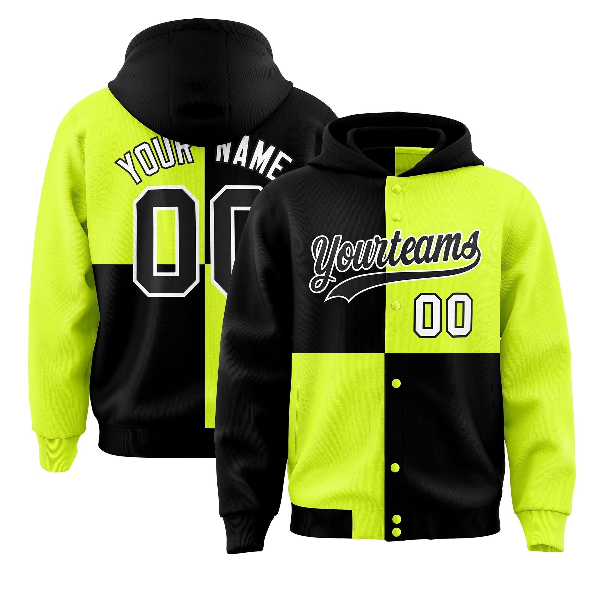 Custom Black Green Varsity Full-Snap Four Squares Color Block Letterman Jacket Hoodie| KXKSHOP