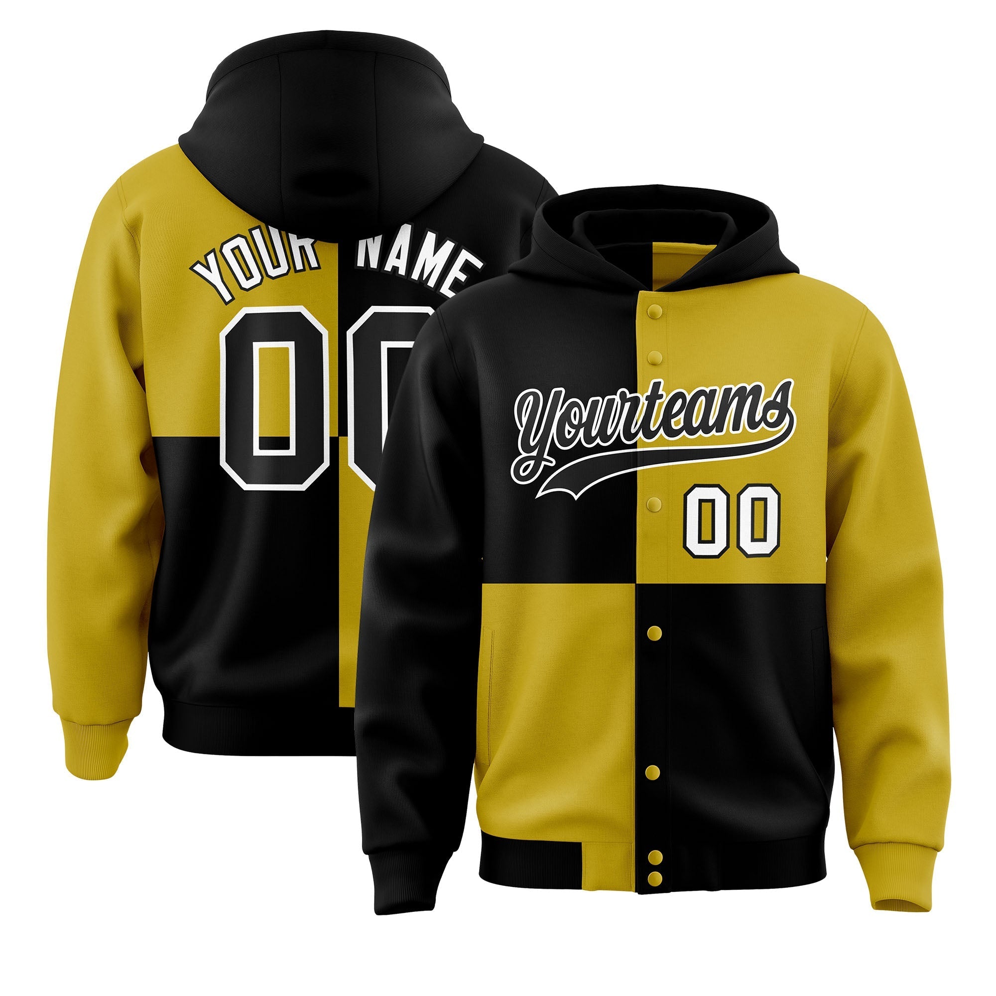 Custom Black Old Gold Varsity Full-Snap Four Squares Color Block Letterman Jacket Hoodie| KXKSHOP