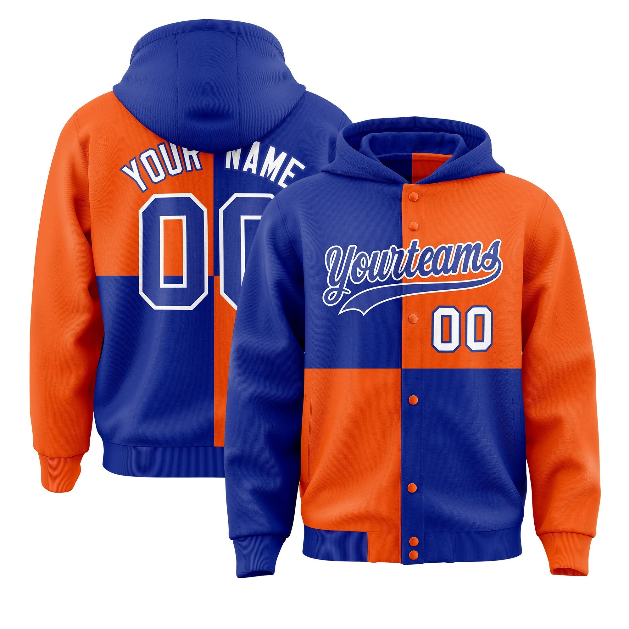 Custom Royal Orange Varsity Full-Snap Four Squares Color Block Letterman Jacket Hoodie| KXKSHOP