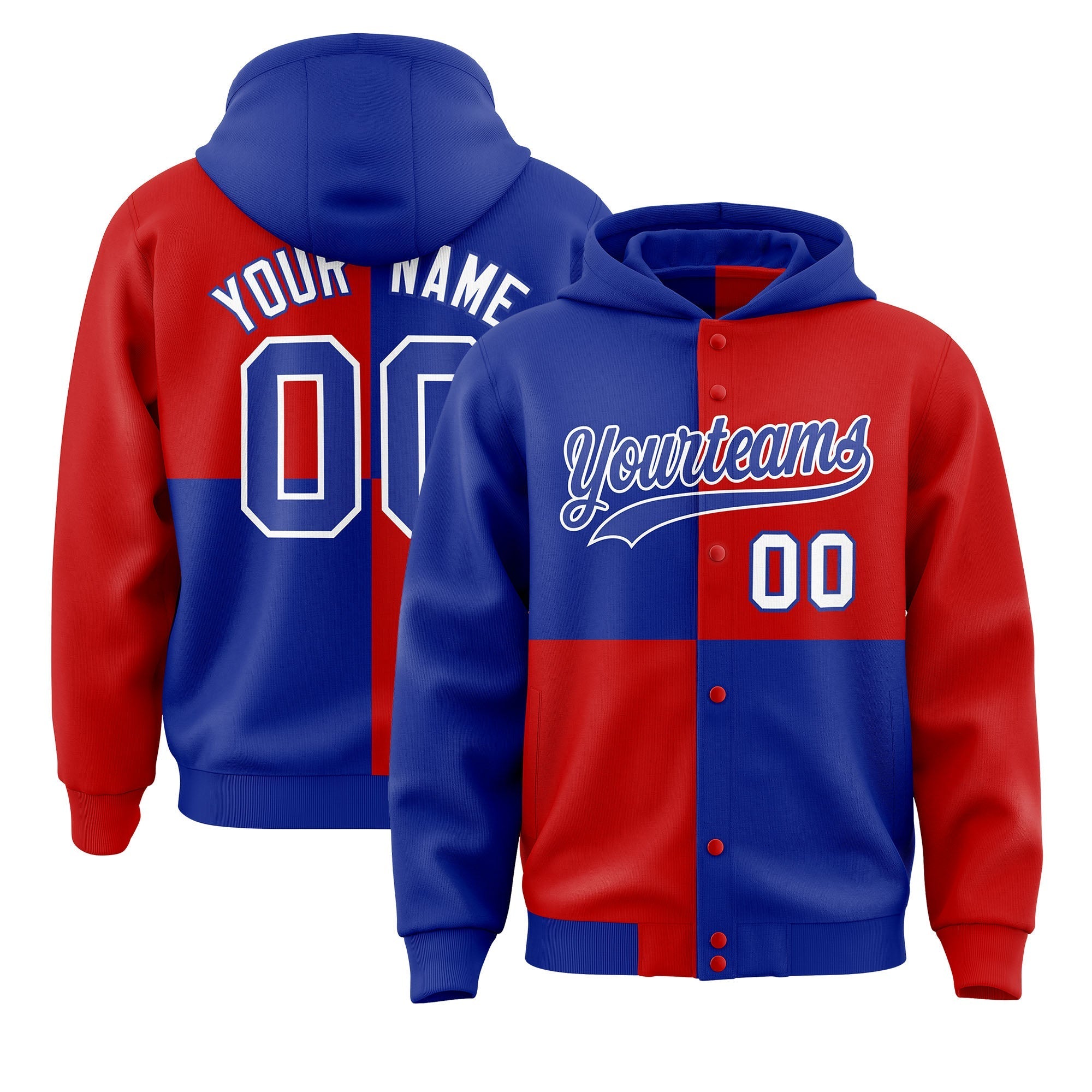 Custom Royal Red Varsity Full-Snap Four Squares Color Block Letterman Jacket Hoodie| KXKSHOP