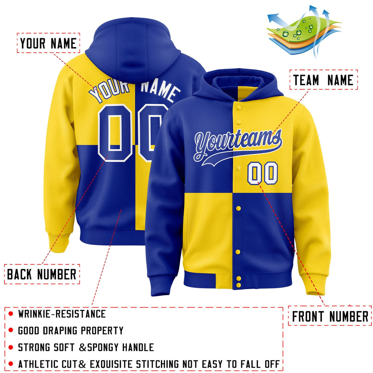Custom Royal Gold Varsity Full-Snap Four Squares Color Block Letterman Jacket Hoodie| KXKSHOP