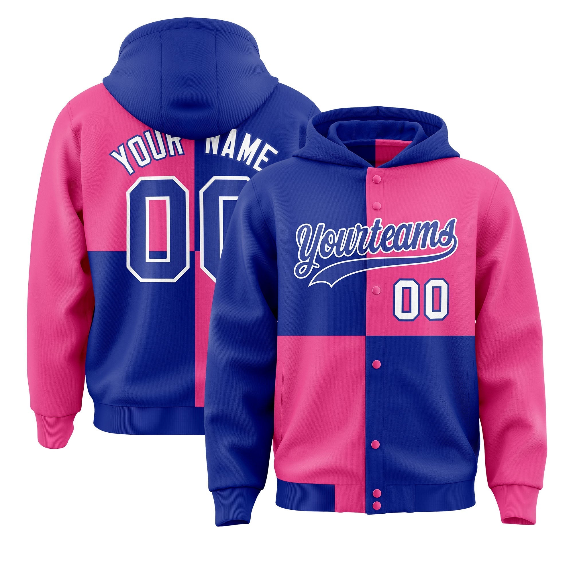 Custom Royal Pink Varsity Full-Snap Four Squares Color Block Letterman Jacket Hoodie| KXKSHOP