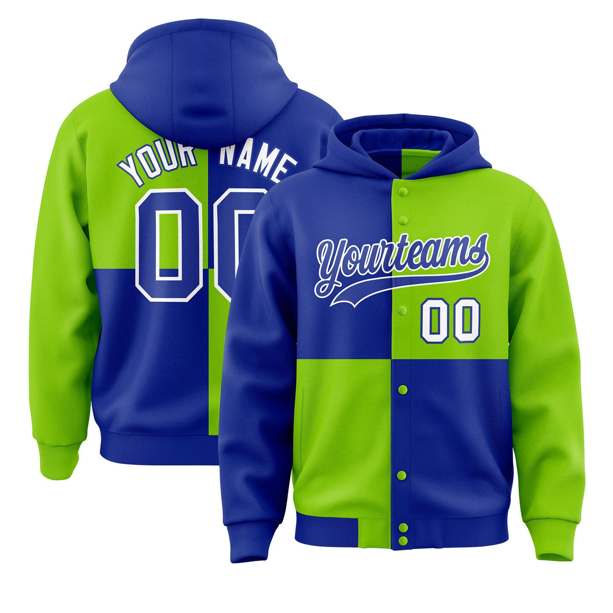 Custom Royal Neon Green Varsity Full-Snap Four Squares Color Block Letterman Jacket Hoodie| KXKSHOP