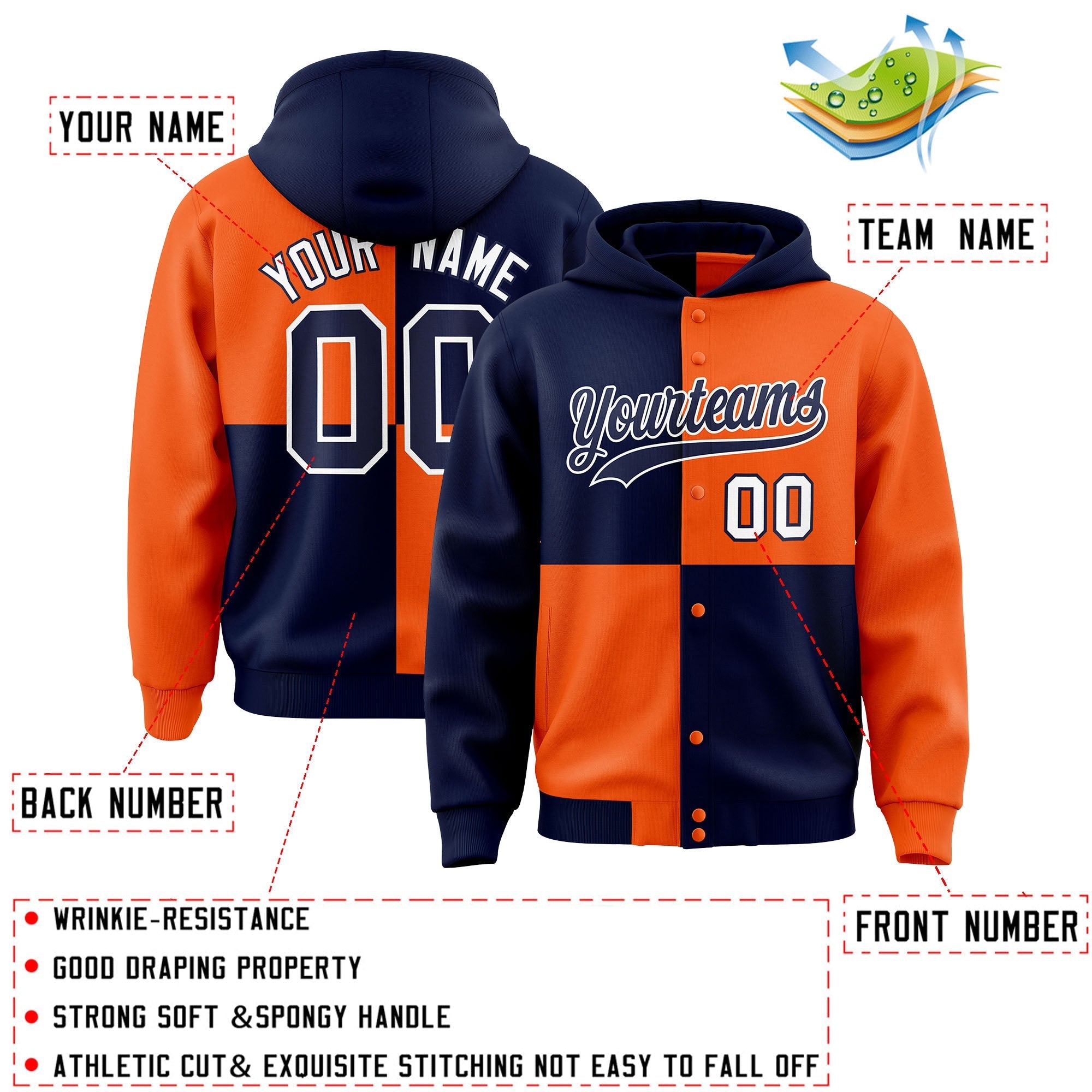 Custom Navy Orange Varsity Full-Snap Four Squares Color Block Letterman Jacket Hoodie| KXKSHOP