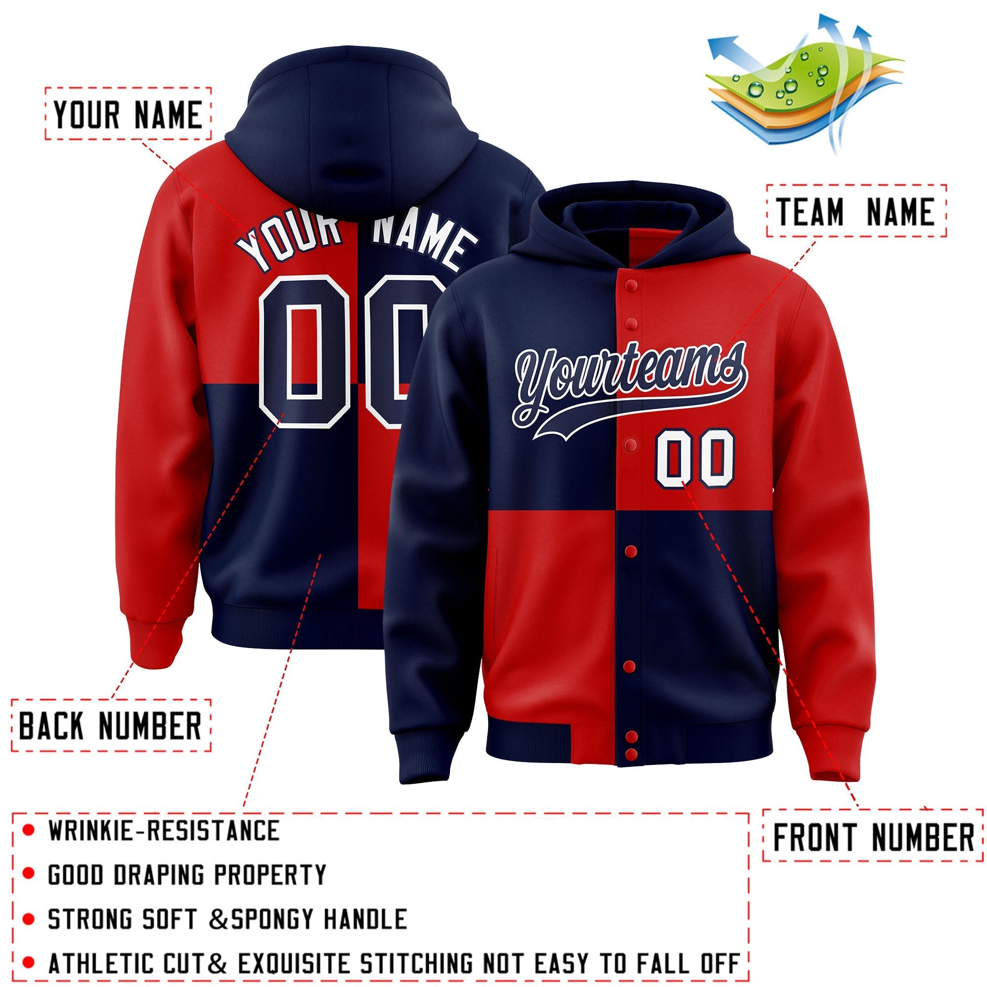 Custom Navy Red Varsity Full-Snap Four Squares Color Block Letterman Jacket Hoodie| KXKSHOP