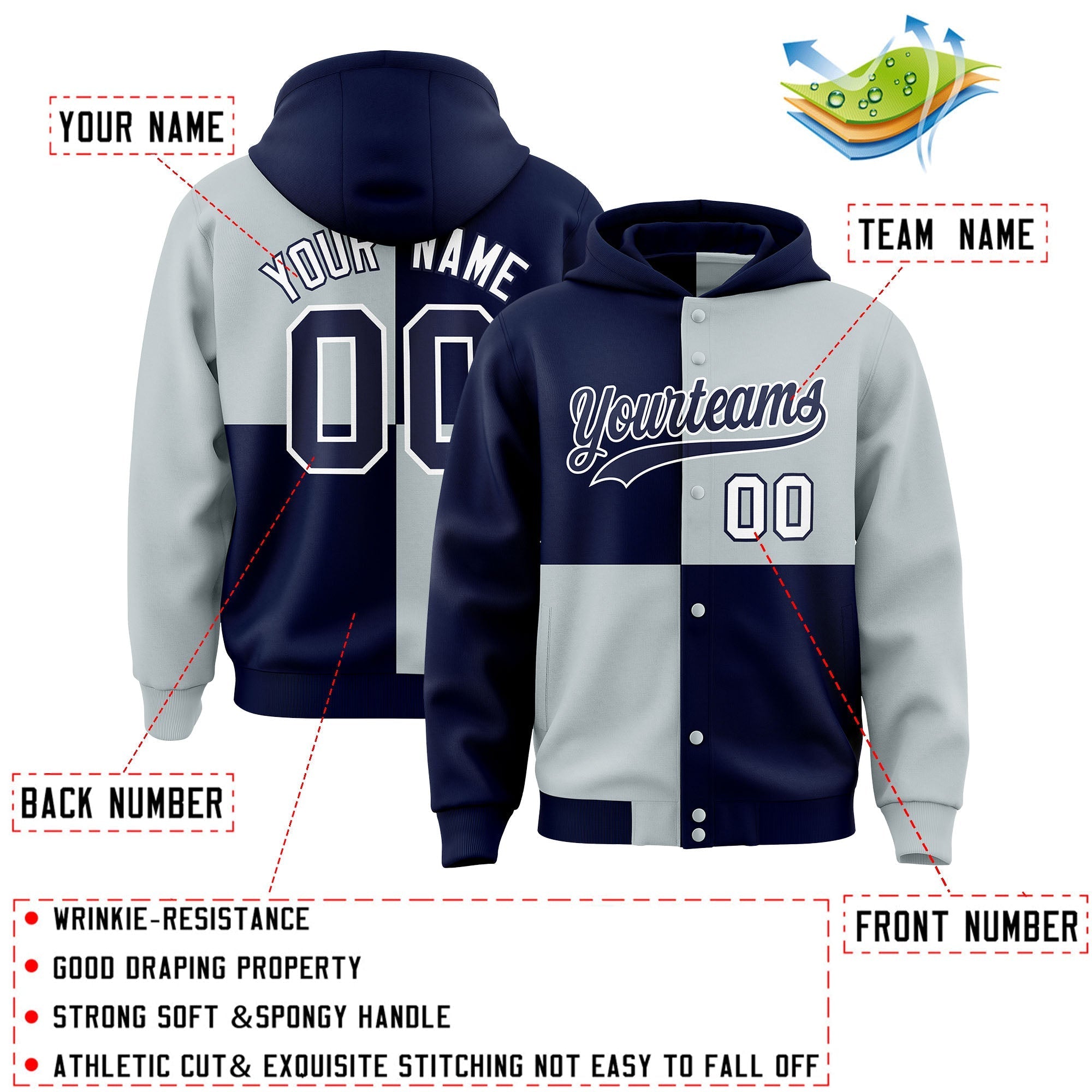 Custom Navy Silver Varsity Full-Snap Four Squares Color Block Letterman Jacket Hoodie| KXKSHOP