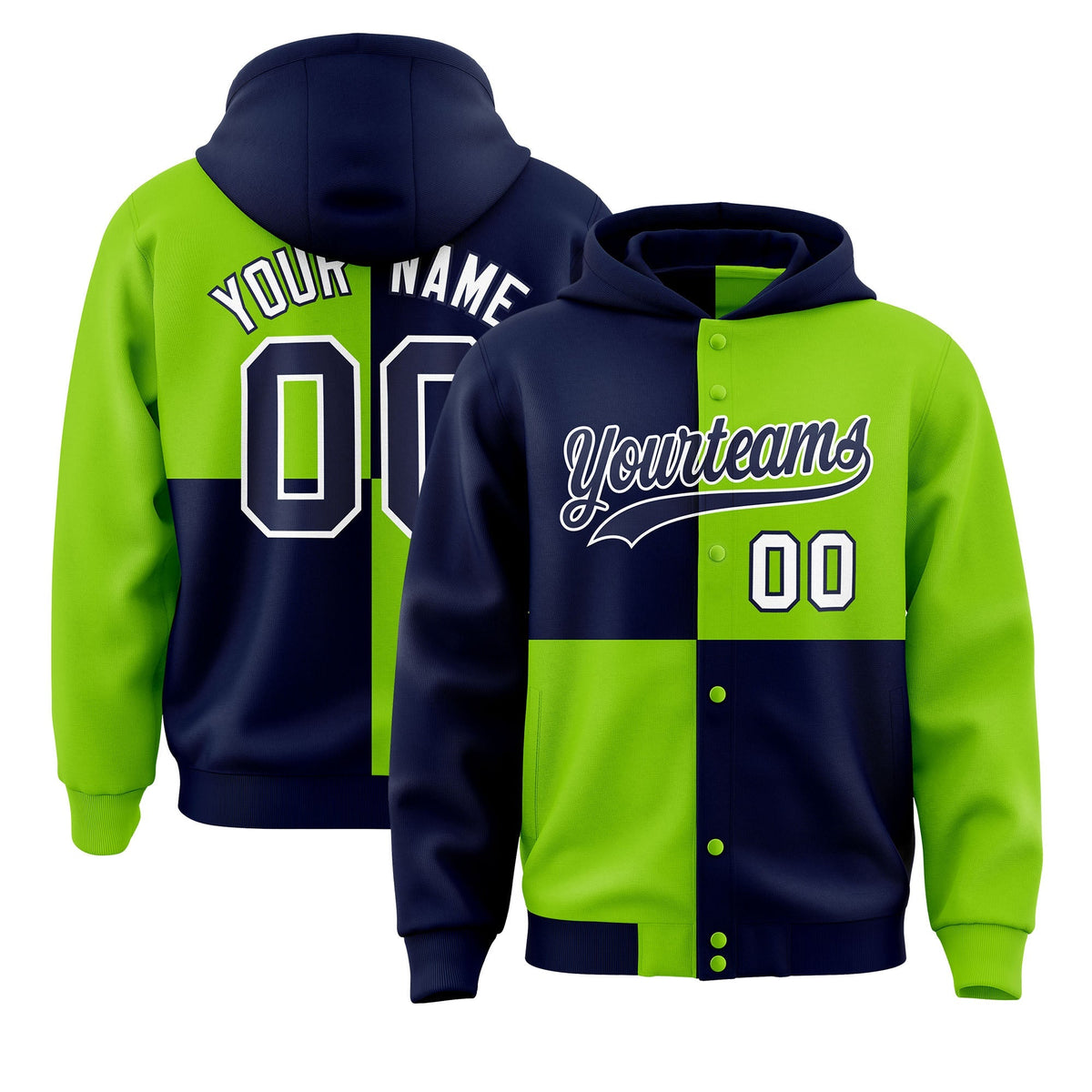 Custom Navy Neon Green Varsity Full-Snap Four Squares Color Block Letterman Jacket Hoodie| KXKSHOP