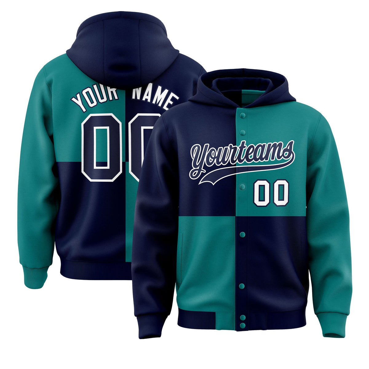 Custom Navy Aqua Varsity Full-Snap Four Squares Color Block Letterman Jacket Hoodie| KXKSHOP