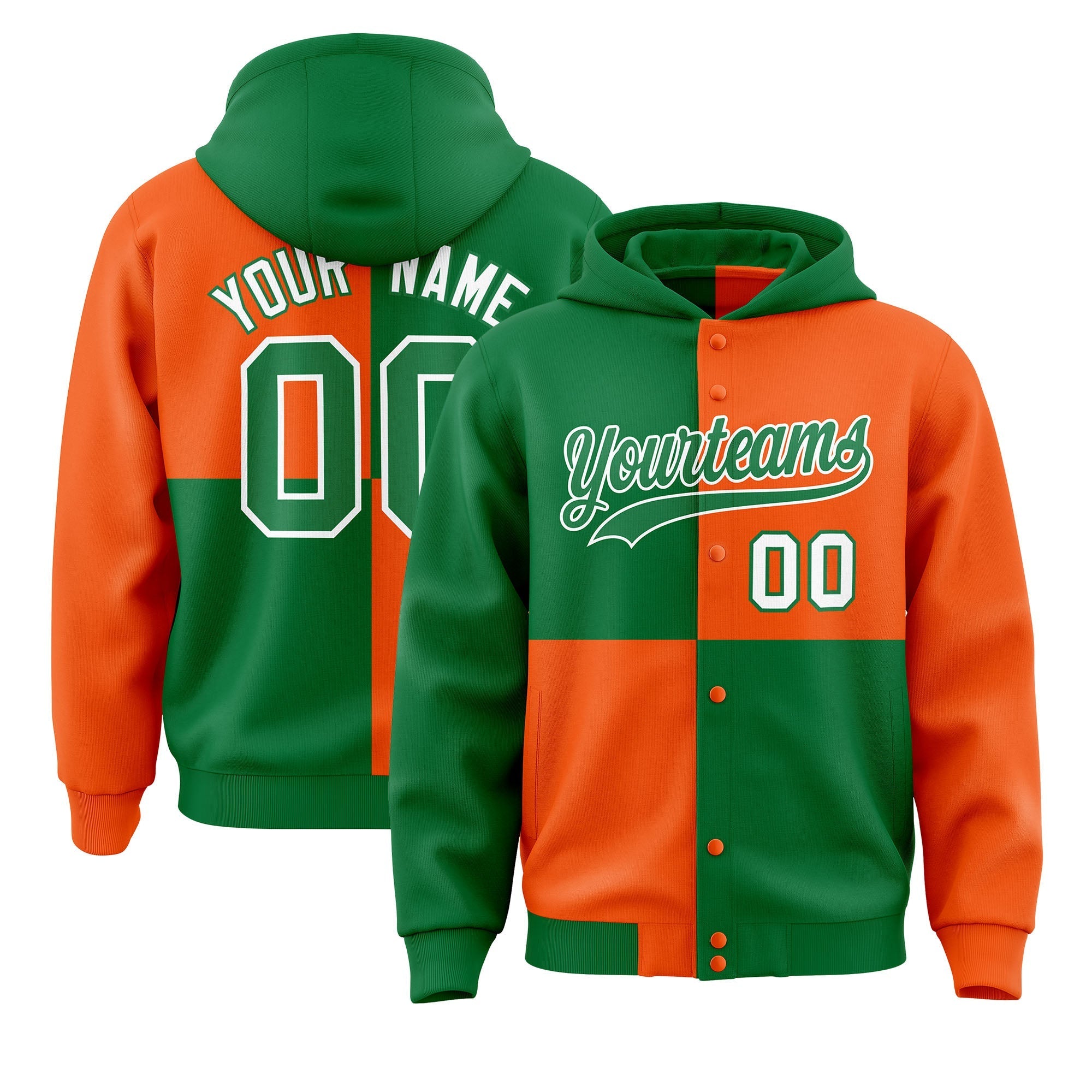 Custom Kelly Green Orange Varsity Full-Snap Four Squares Color Block Letterman Jacket Hoodie| KXKSHOP