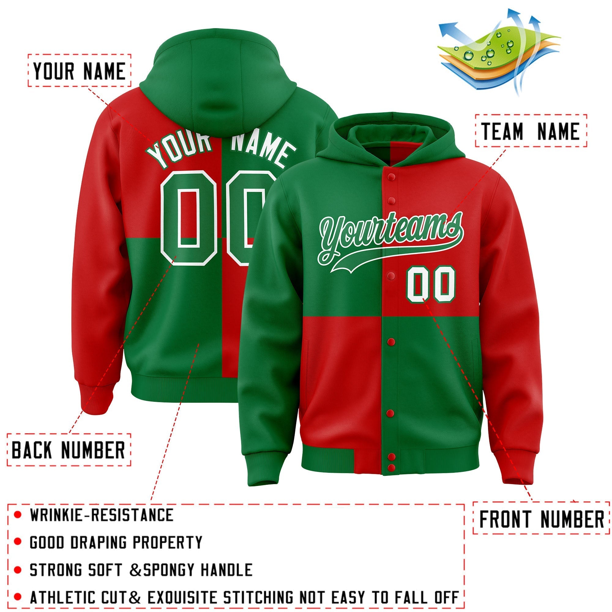 Custom Kelly Green Red Varsity Full-Snap Four Squares Color Block Letterman Jacket Hoodie| KXKSHOP