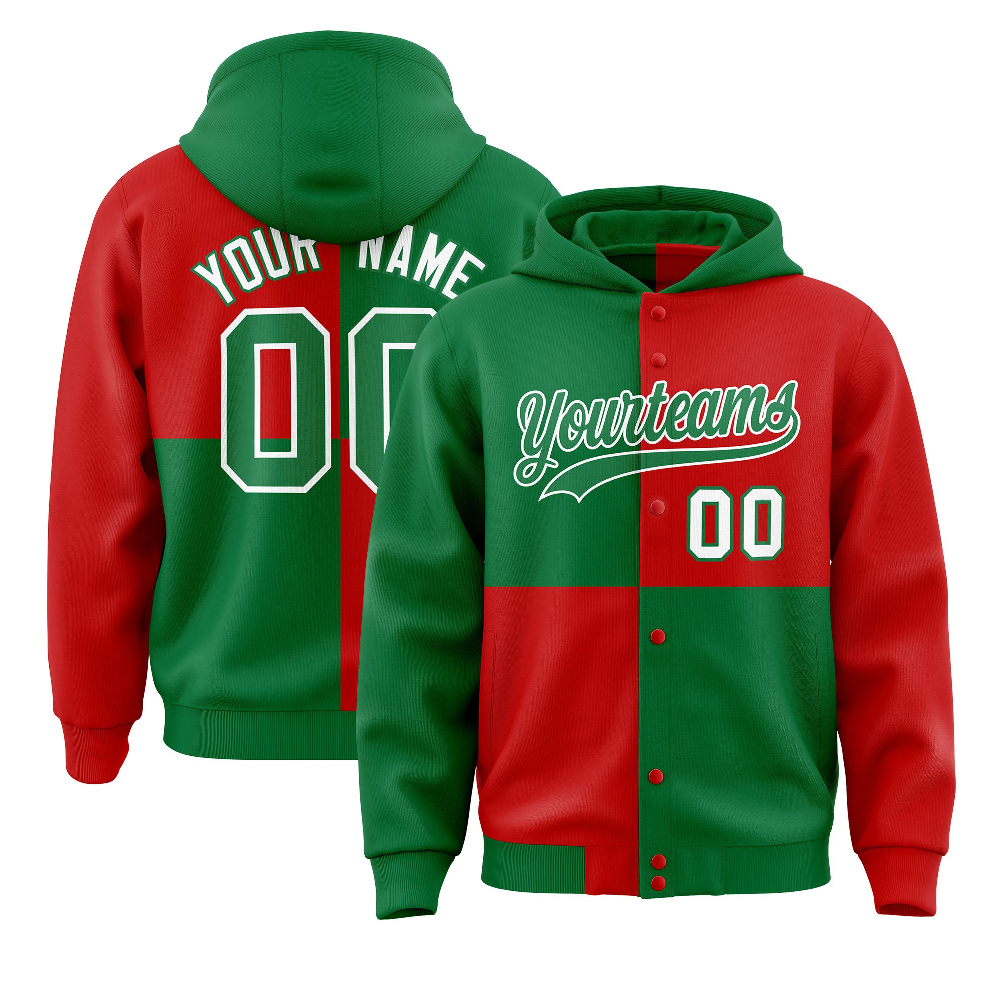 Custom Kelly Green Red Varsity Full-Snap Four Squares Color Block Letterman Jacket Hoodie| KXKSHOP