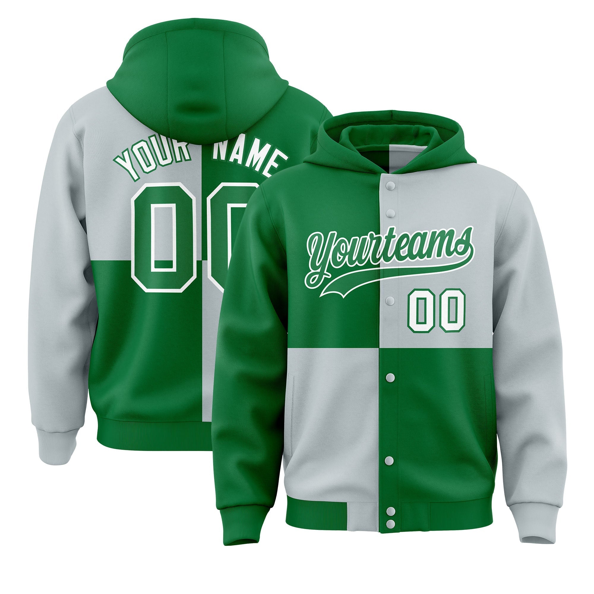 Custom Kelly Green Silver Varsity Full-Snap Four Squares Color Block Letterman Jacket Hoodie| KXKSHOP