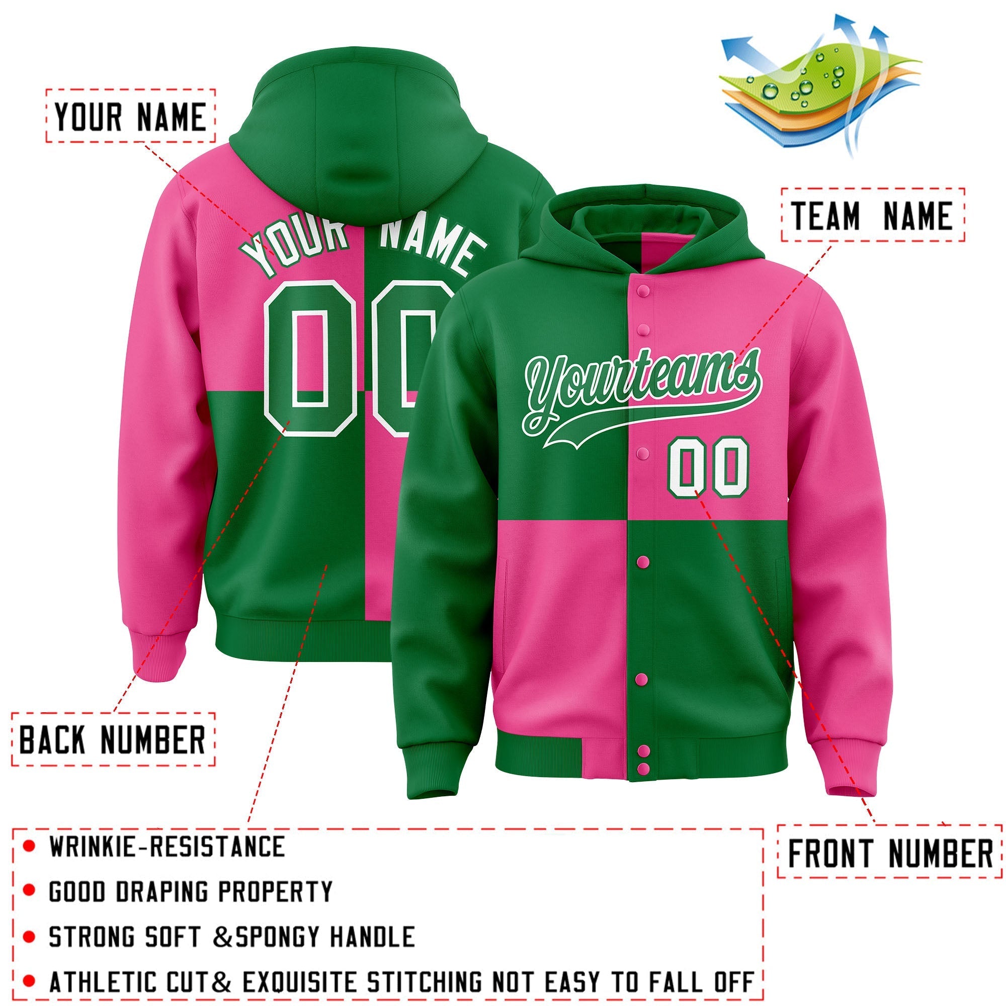 Custom Kelly Green Pink Varsity Full-Snap Four Squares Color Block Letterman Jacket Hoodie| KXKSHOP