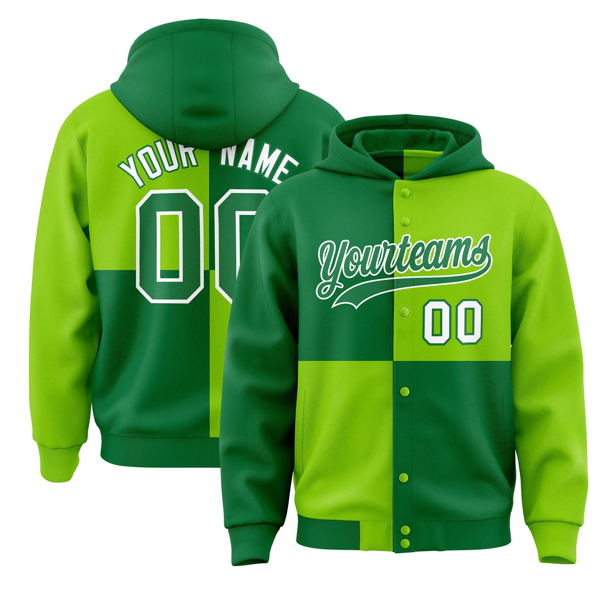 Custom Kelly Green Neon Green Varsity Full-Snap Four Squares Color Block Letterman Jacket Hoodie| KXKSHOP
