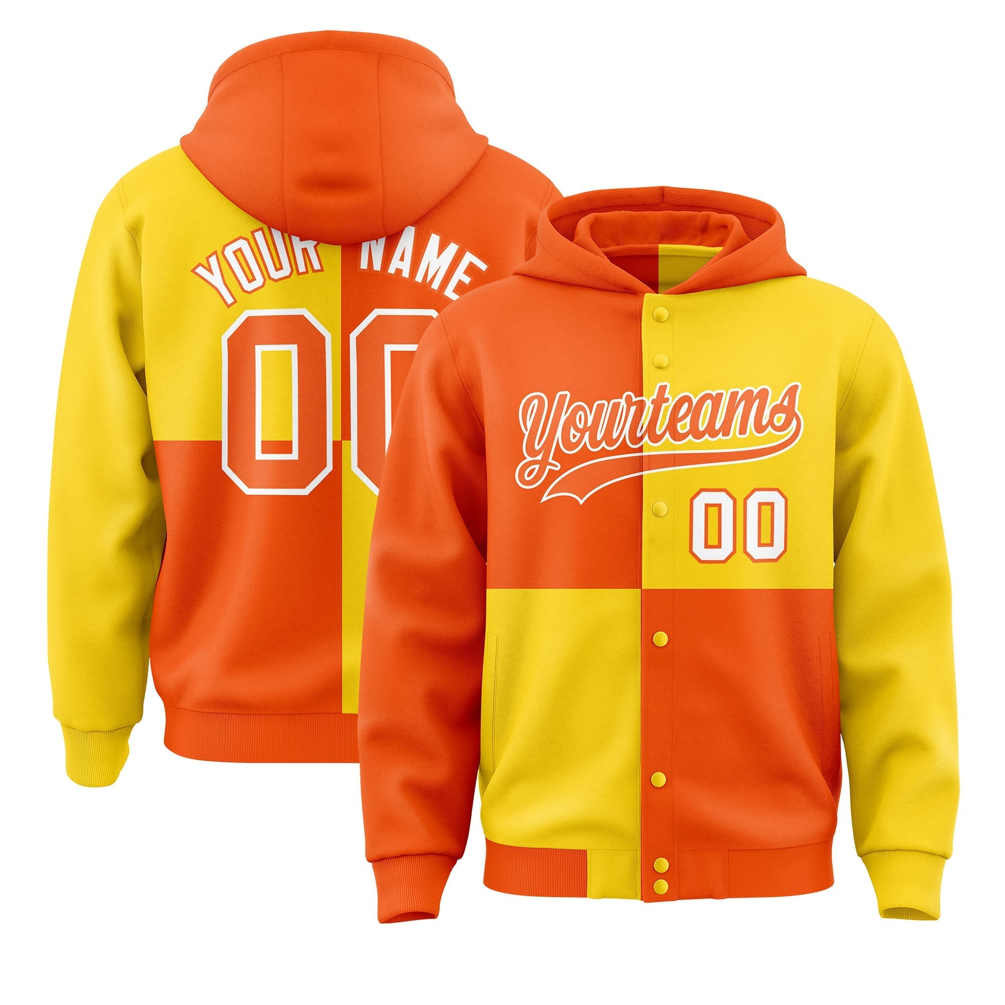 Custom Orange Gold Varsity Full-Snap Four Squares Color Block Letterman Jacket Hoodie| KXKSHOP