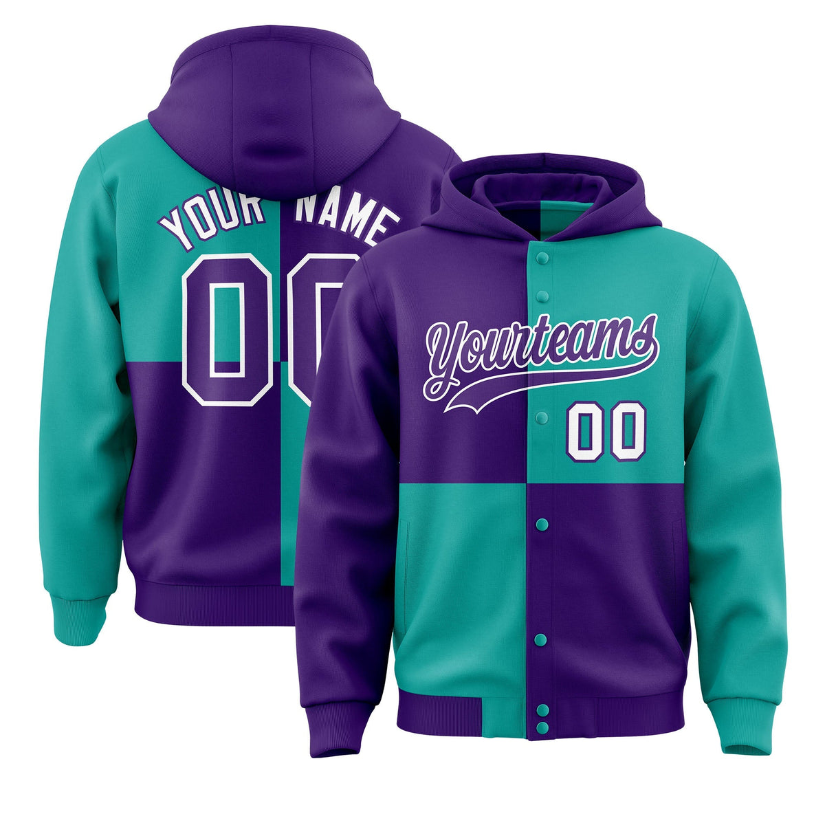 Custom Purple Aqua Varsity Full-Snap Four Squares Color Block Letterman Jacket Hoodie| KXKSHOP