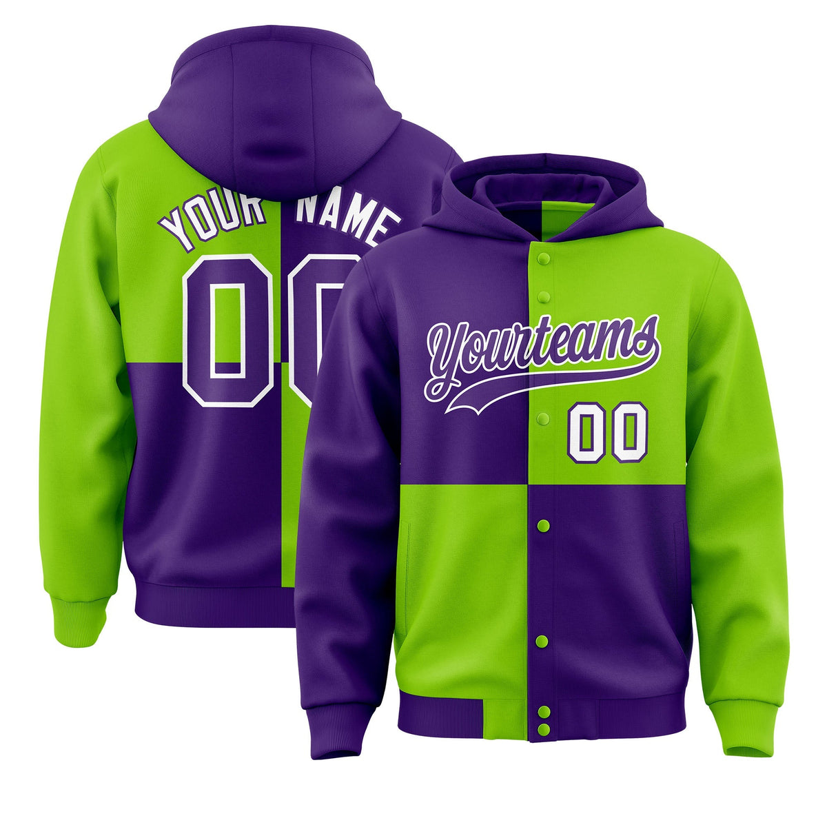 Custom Purple Neon Green Varsity Full-Snap Four Squares Color Block Letterman Jacket Hoodie| KXKSHOP