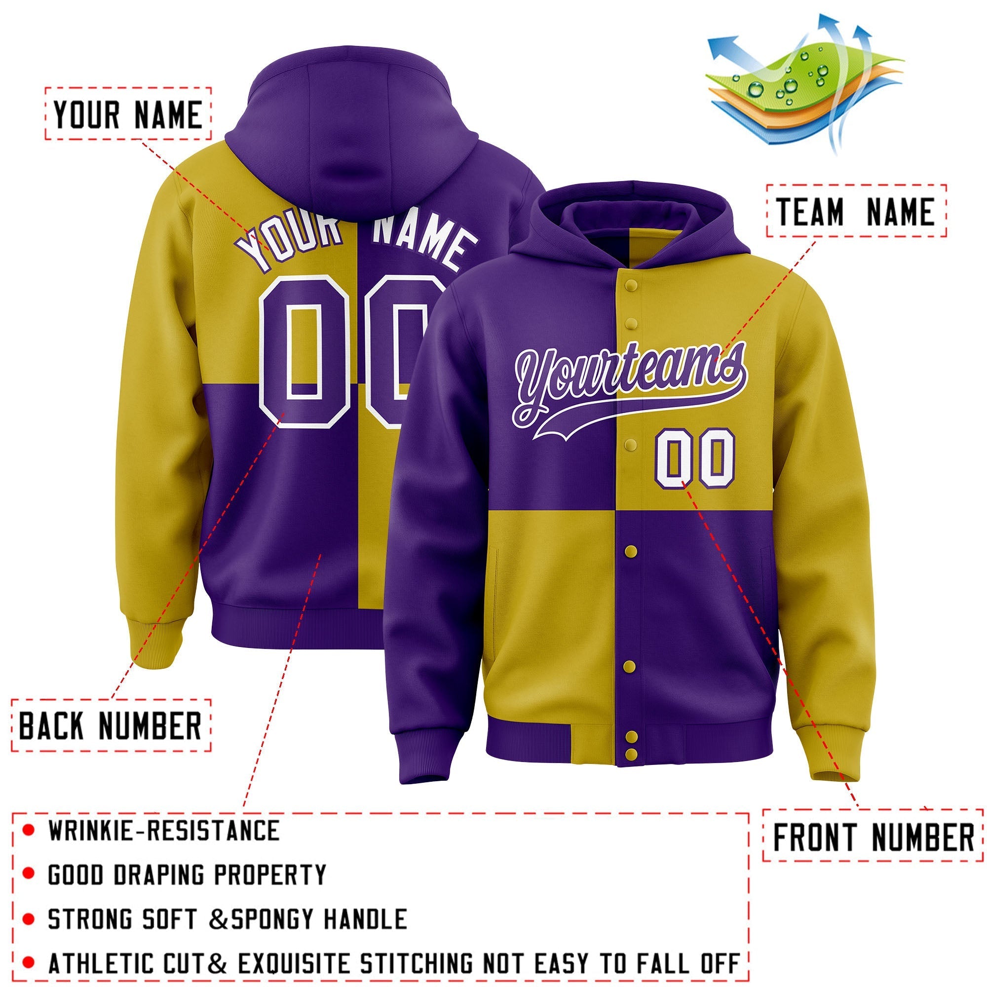 Custom Purple Old Gold Varsity Full-Snap Four Squares Color Block Letterman Jacket Hoodie| KXKSHOP