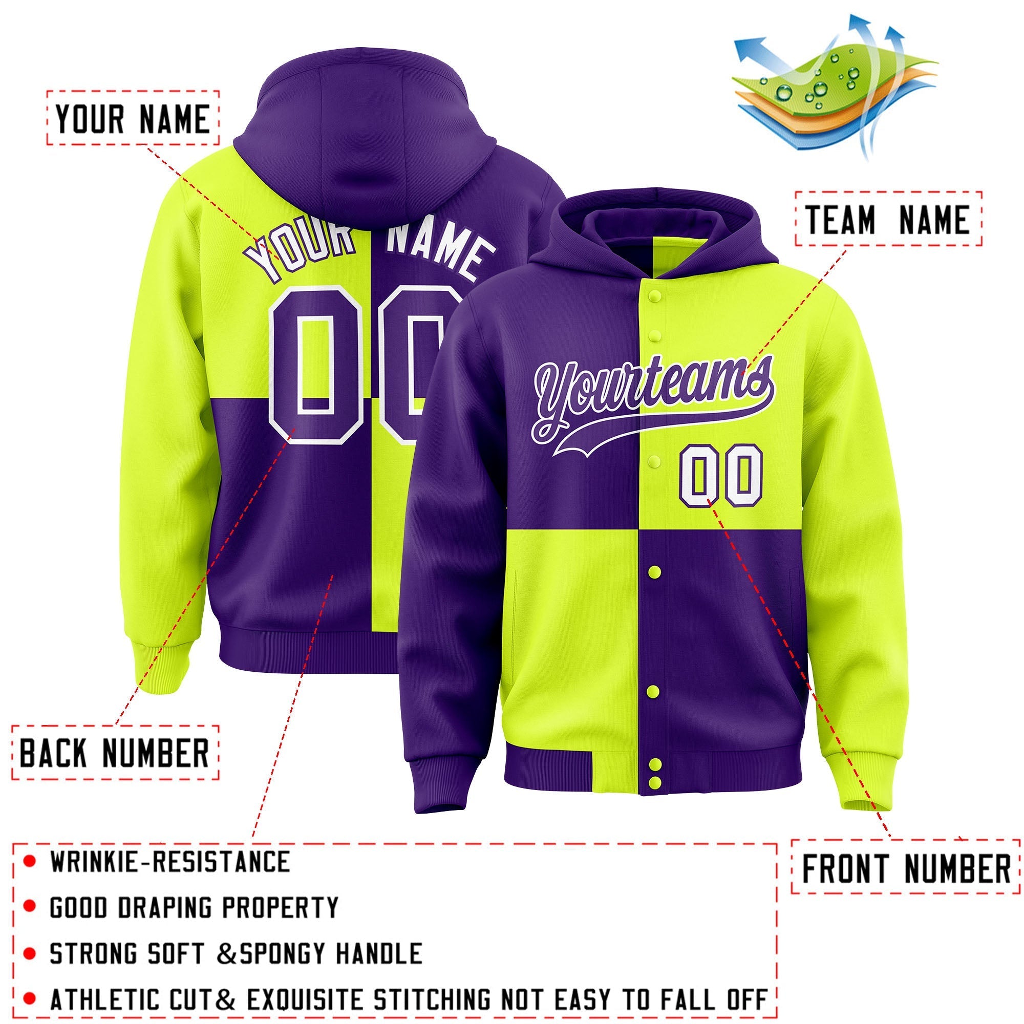 Custom Purple Green Varsity Full-Snap Four Squares Color Block Letterman Jacket Hoodie| KXKSHOP