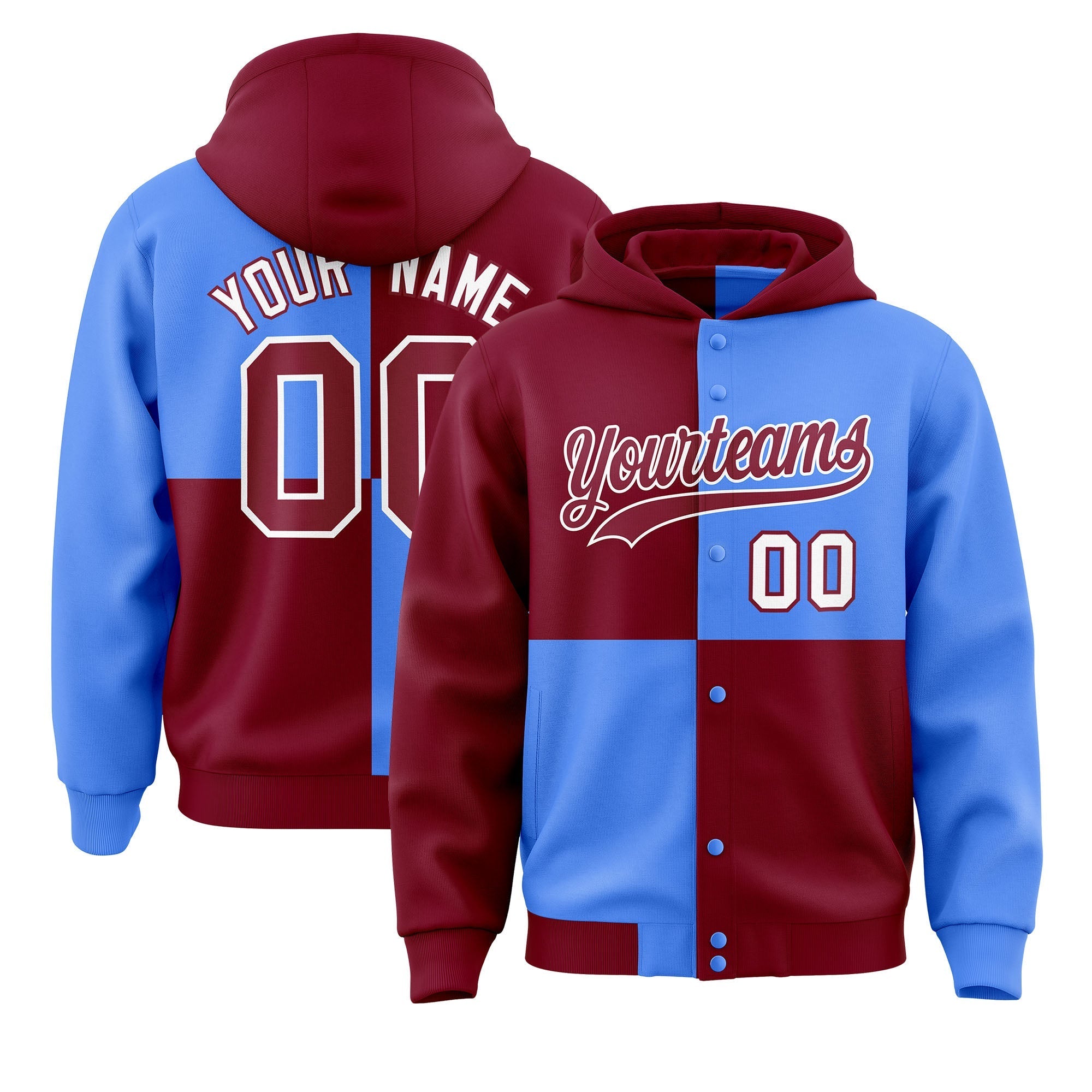 Custom Crimson Powder Blue Varsity Full-Snap Four Squares Color Block Letterman Jacket Hoodie| KXKSHOP