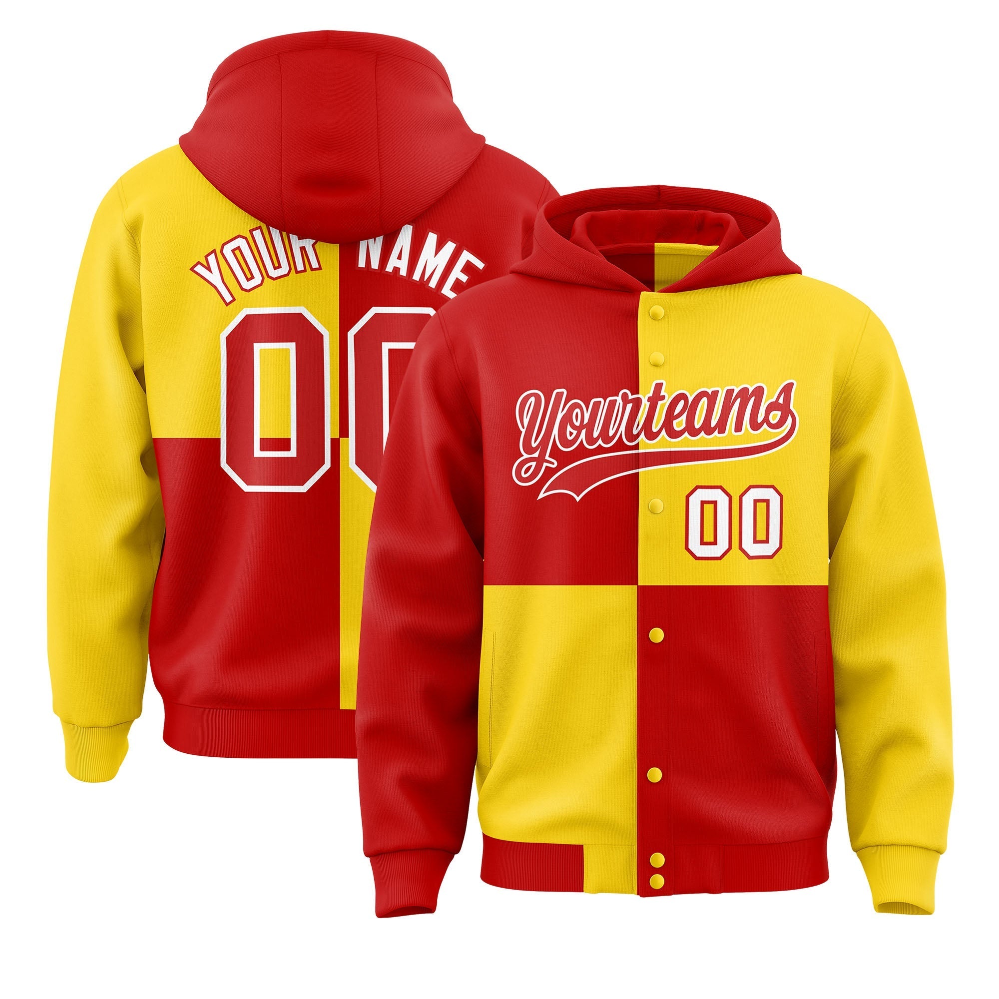 Custom Red Gold Varsity Full-Snap Four Squares Color Block Letterman Jacket Hoodie| KXKSHOP