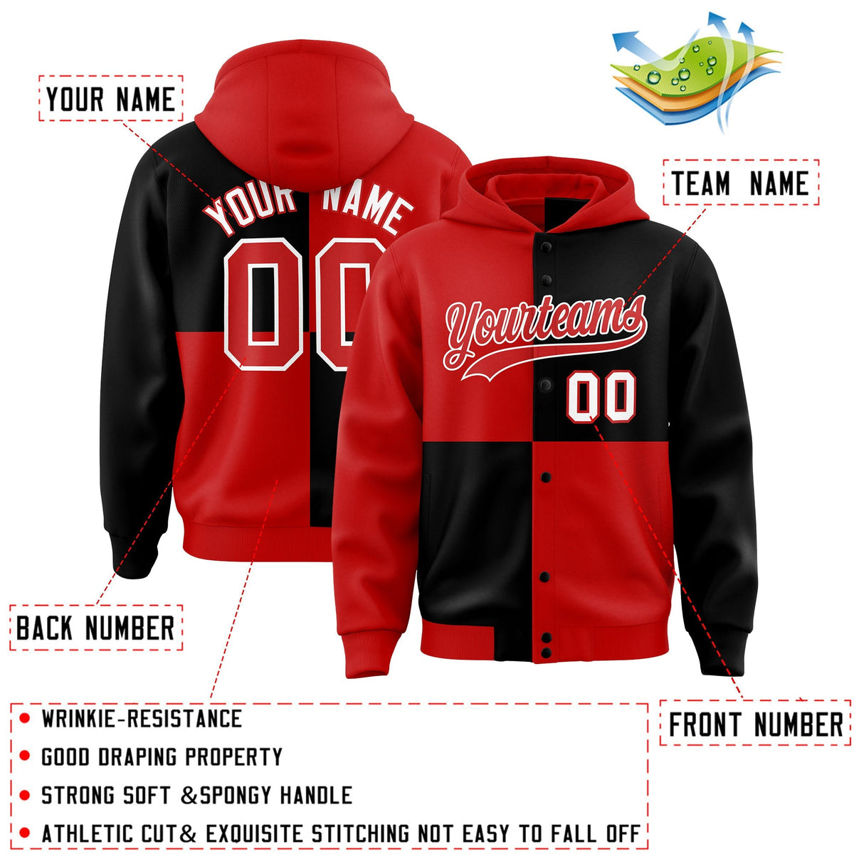 Custom Red Black Varsity Full-Snap Four Squares Color Block Letterman Jacket Hoodie| KXKSHOP