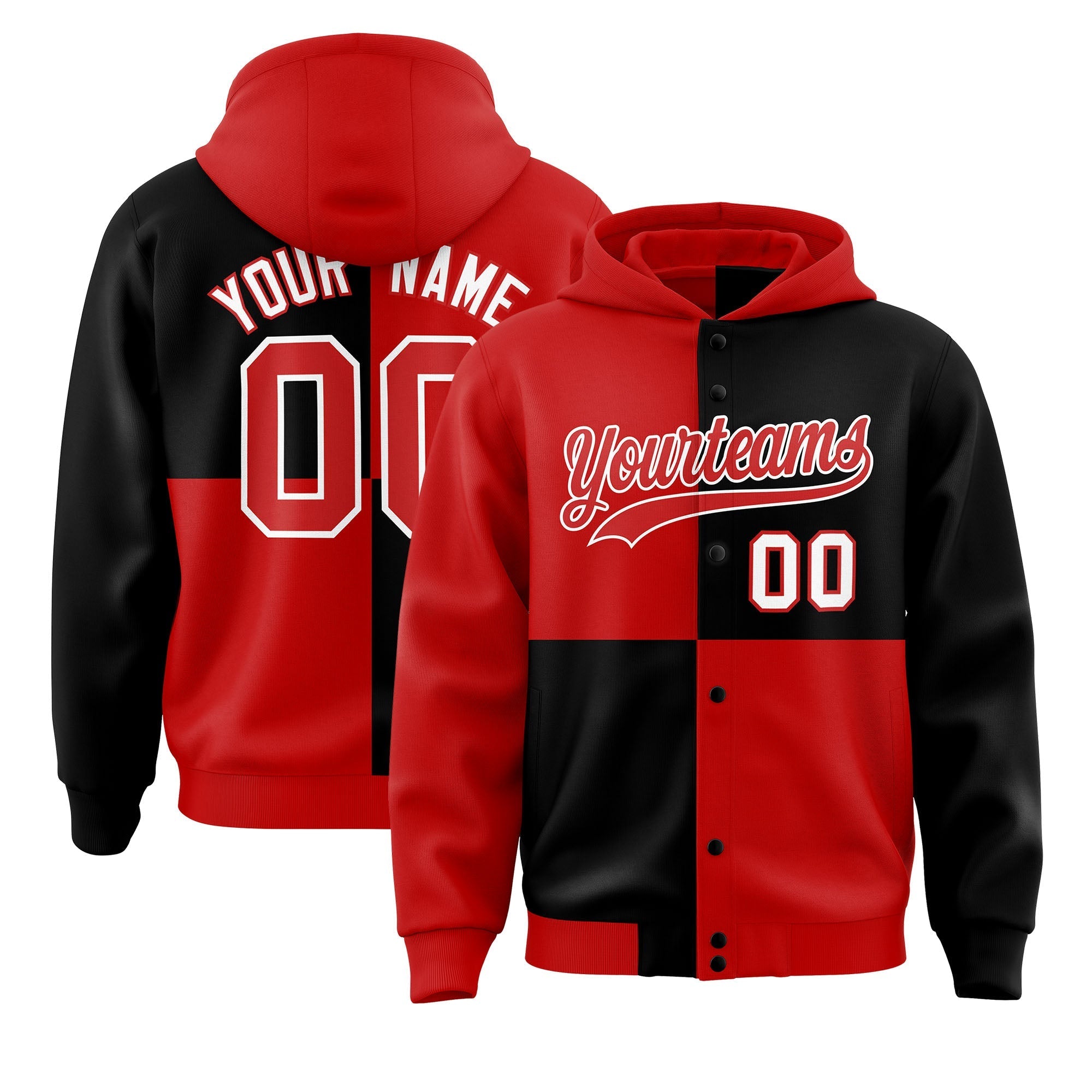Custom Red Black Varsity Full-Snap Four Squares Color Block Letterman Jacket Hoodie| KXKSHOP