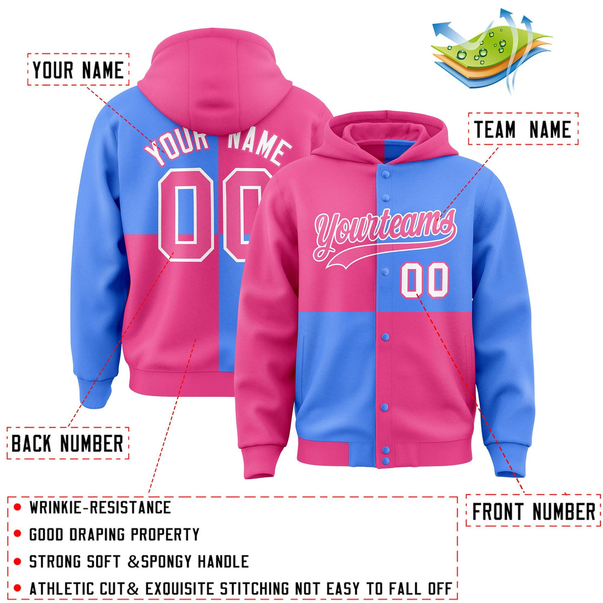 Custom Pink Powder Blue Varsity Full-Snap Four Squares Color Block Letterman Jacket Hoodie| KXKSHOP