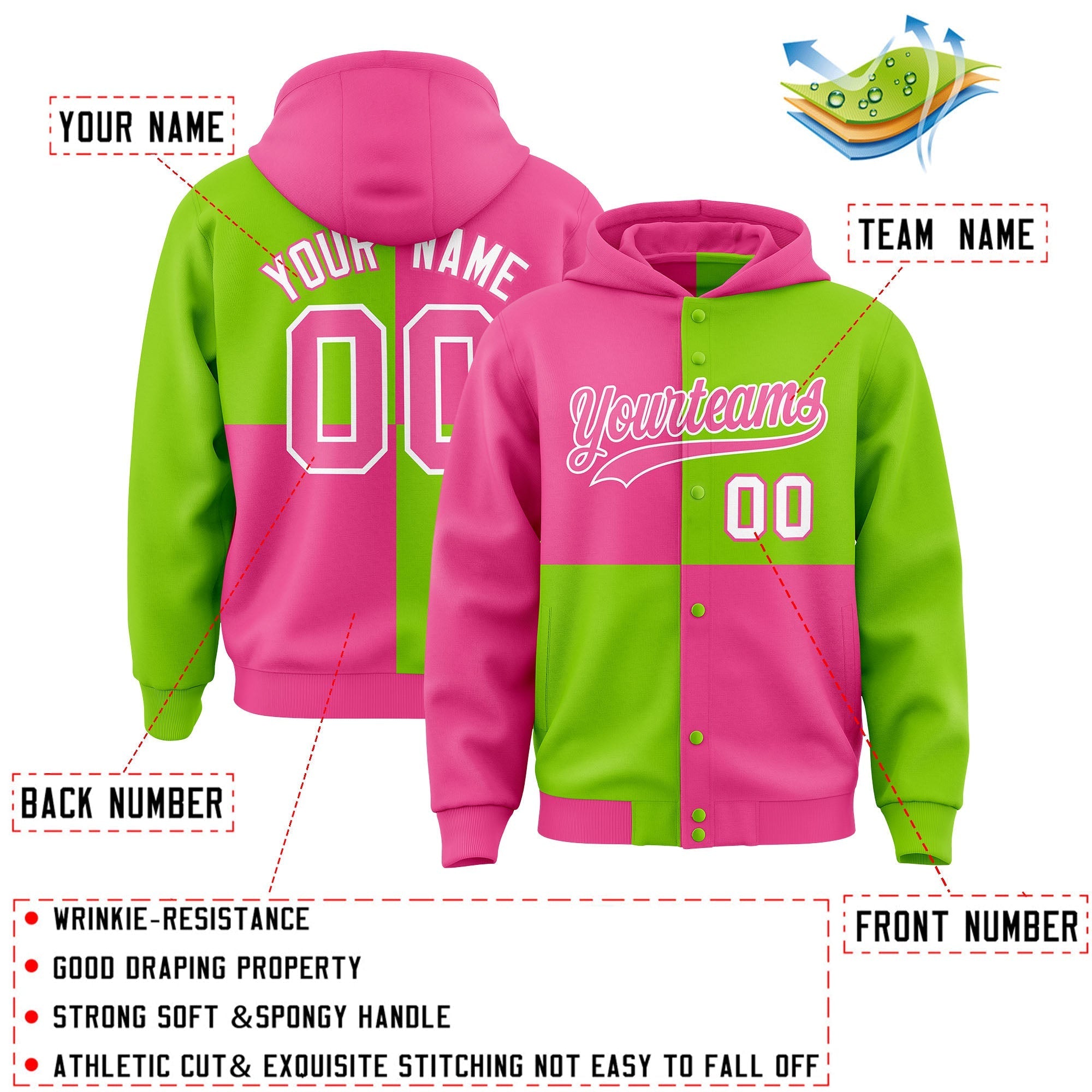 Custom Pink Neon Green Varsity Full-Snap Four Squares Color Block Letterman Jacket Hoodie| KXKSHOP