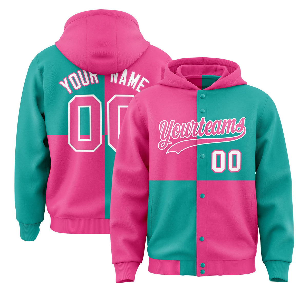 Custom Pink Aqua Varsity Full-Snap Four Squares Color Block Letterman Jacket Hoodie| KXKSHOP