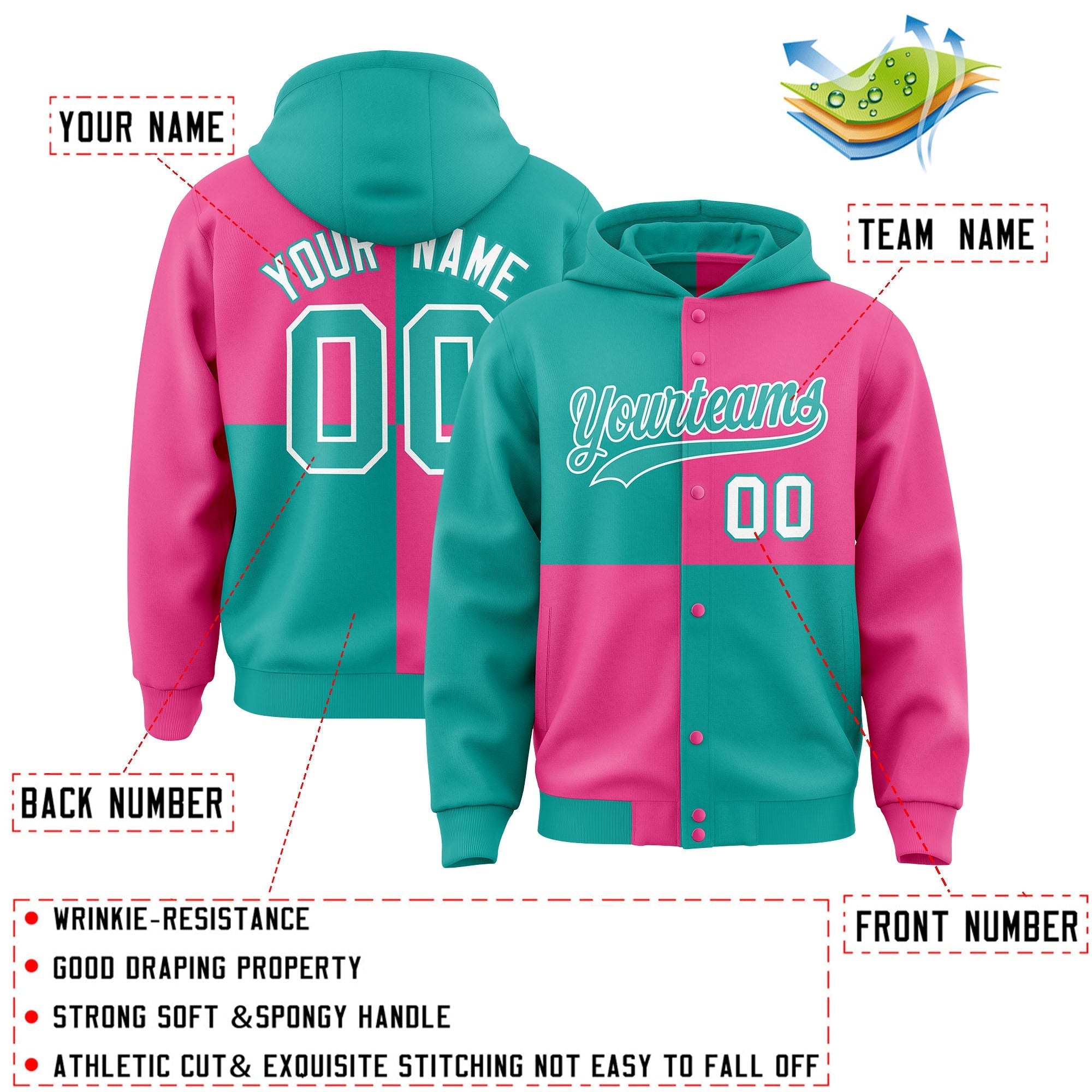 Custom Aqua Pink Varsity Full-Snap Four Squares Color Block Letterman Jacket Hoodie| KXKSHOP