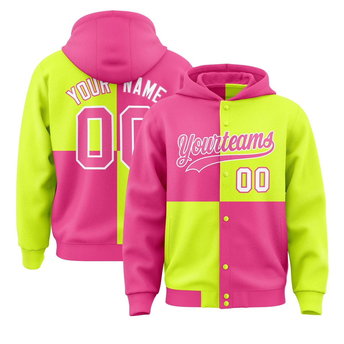 Custom Pink Green Varsity Full-Snap Four Squares Color Block Letterman Jacket Hoodie| KXKSHOP