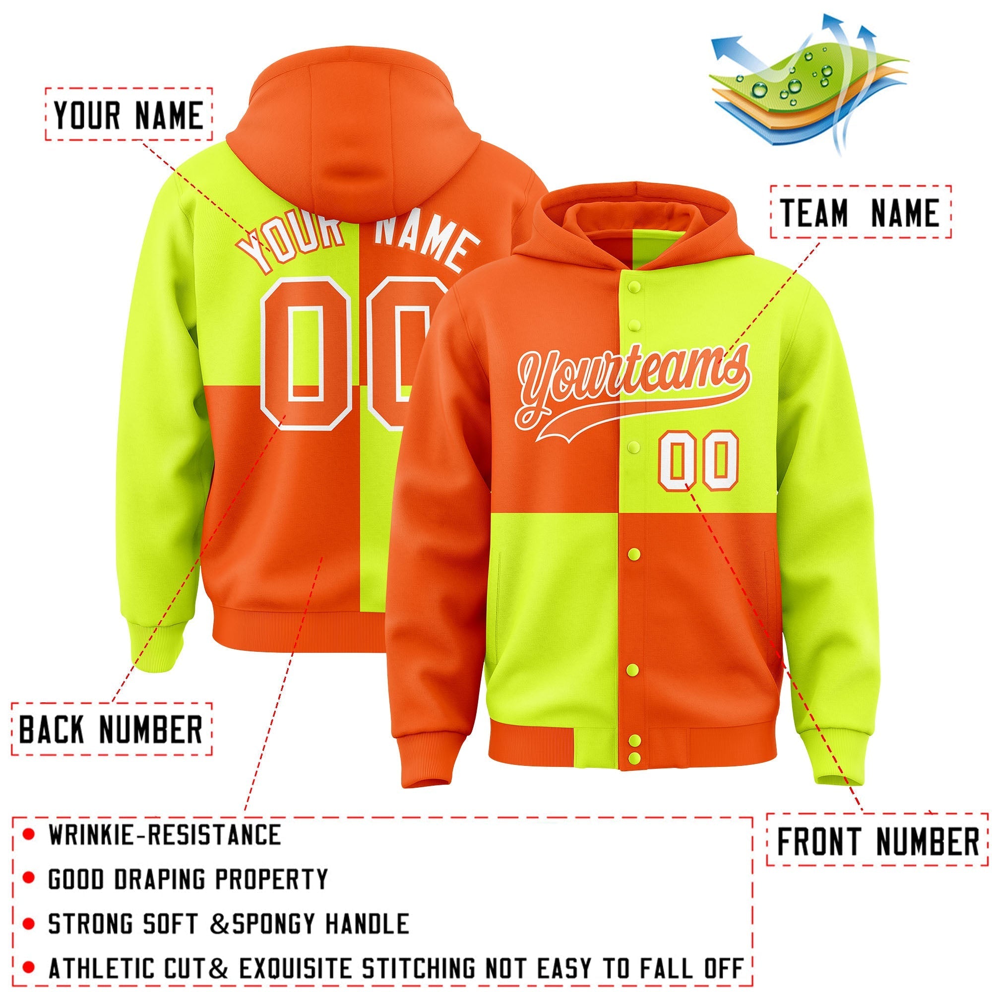 Custom Orange Green Varsity Full-Snap Four Squares Color Block Letterman Jacket Hoodie| KXKSHOP