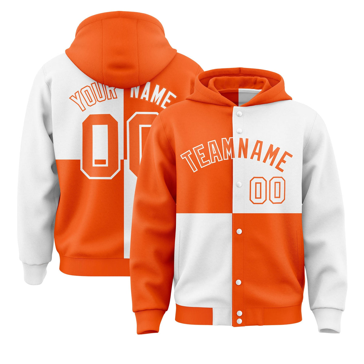 Custom Orange White Varsity Full-Snap Four Squares Color Block Letterman Jacket Hoodie| KXKSHOP
